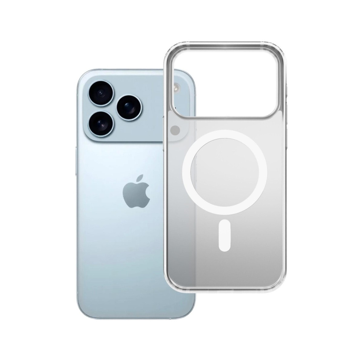 Un iPhone azzurro e una custodia trasparente. L'iPhone ha tre fotocamere e un logo Apple. La custodia ha un cerchio magnetico.