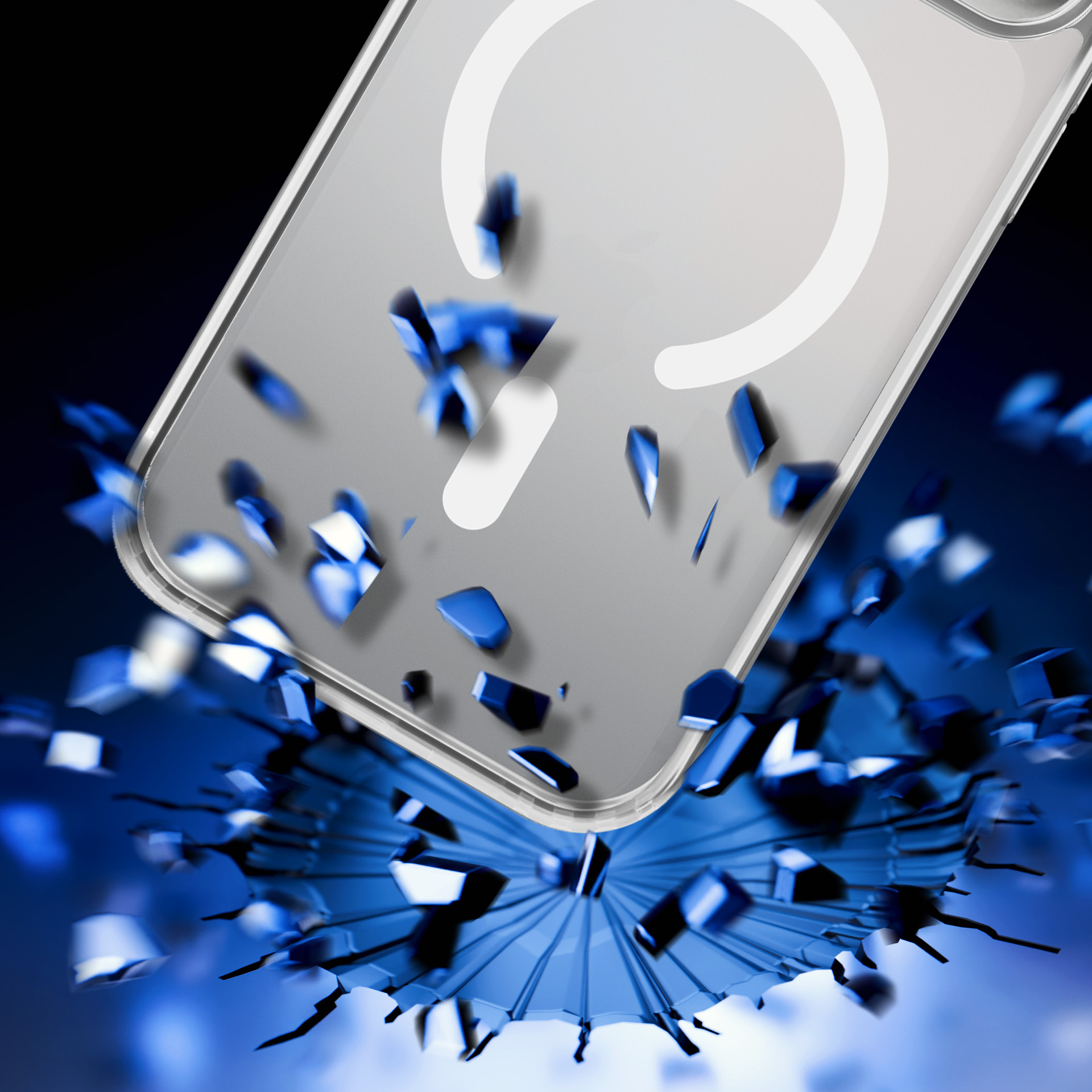 Una custodia del telefono si rompe, schegge di vetro blu volano fuori. La custodia ha un design circolare bianco.