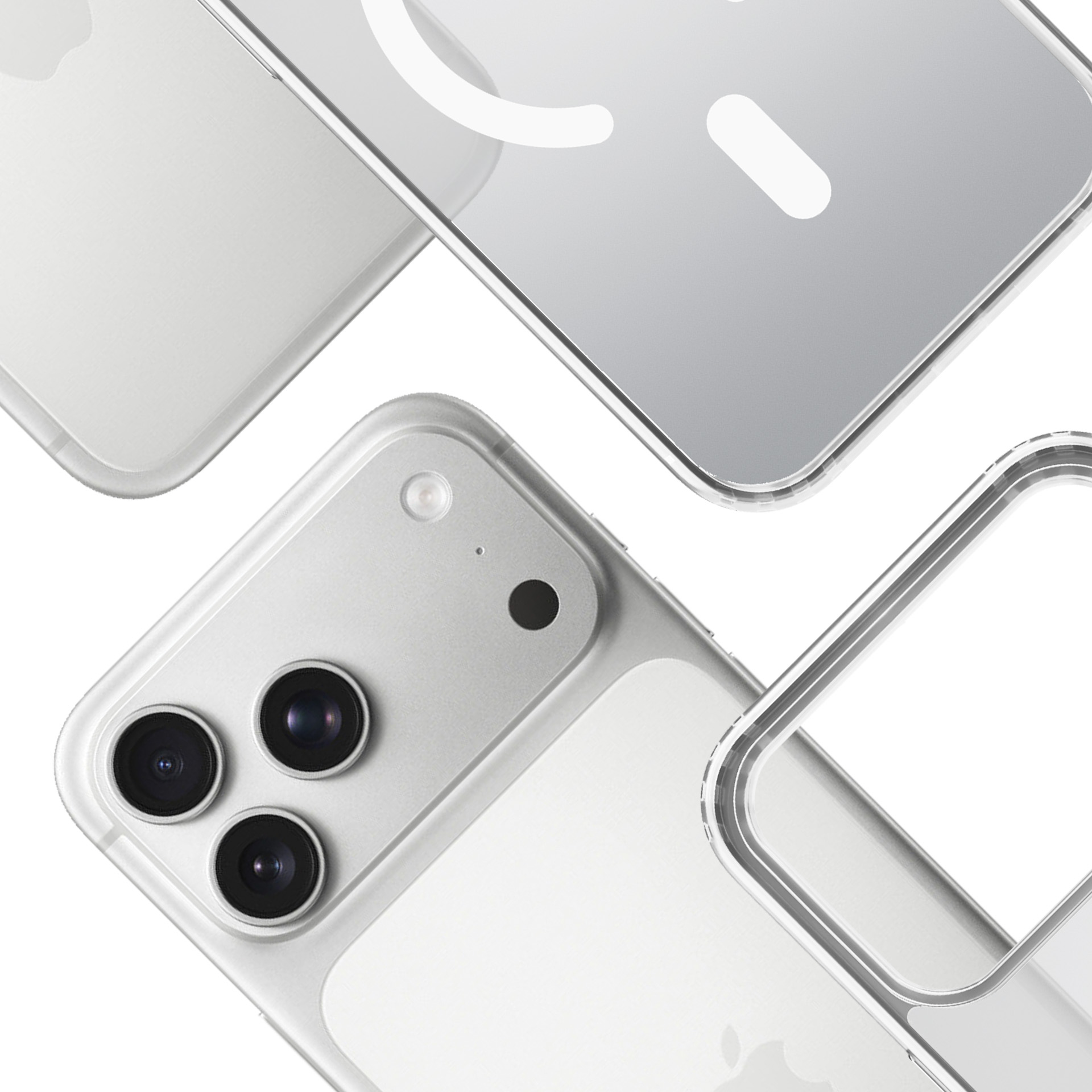 Primo piano di diversi smartphone bianchi, alcuni con custodie trasparenti, su sfondo bianco.