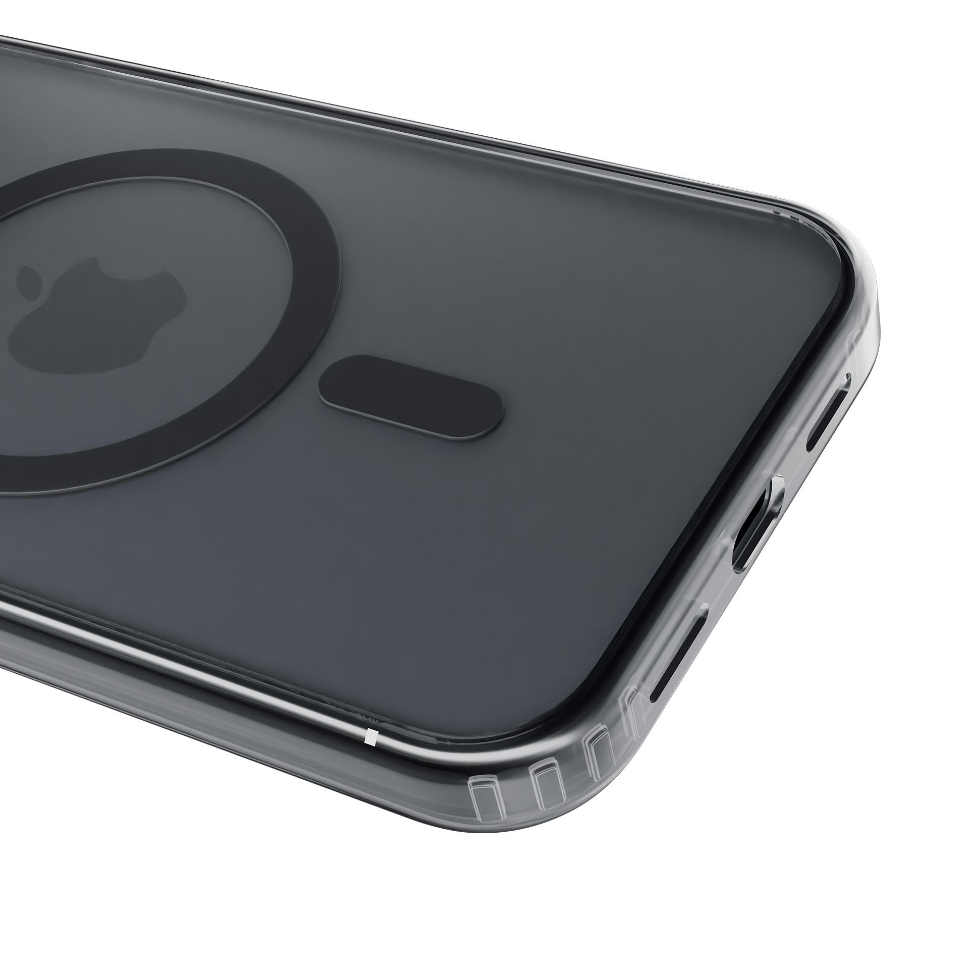 Una custodia trasparente per telefono con logo Apple nero e anello MagSafe. Vista laterale con ritagli.