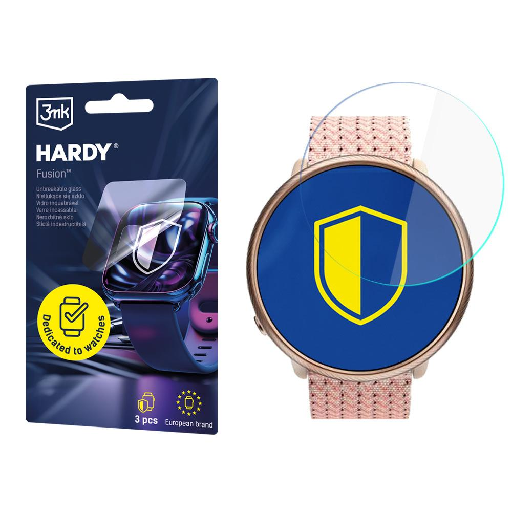 Ochraniacz ekranu i smartwatch. Ochraniacz jest przezroczysty, zegarek jest niebieski i ma logo tarczy na ekranie.