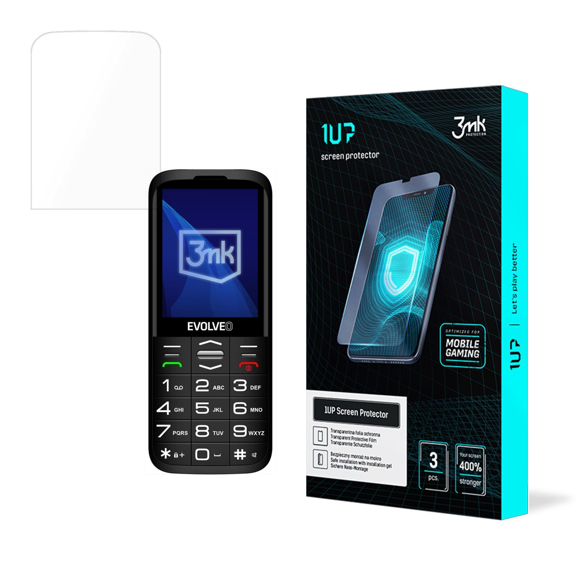 L'immagine mostra un telefono, una protezione per lo schermo e una confezione. Il telefono ha un logo 3mk. La confezione dice protezione schermo 1UP.