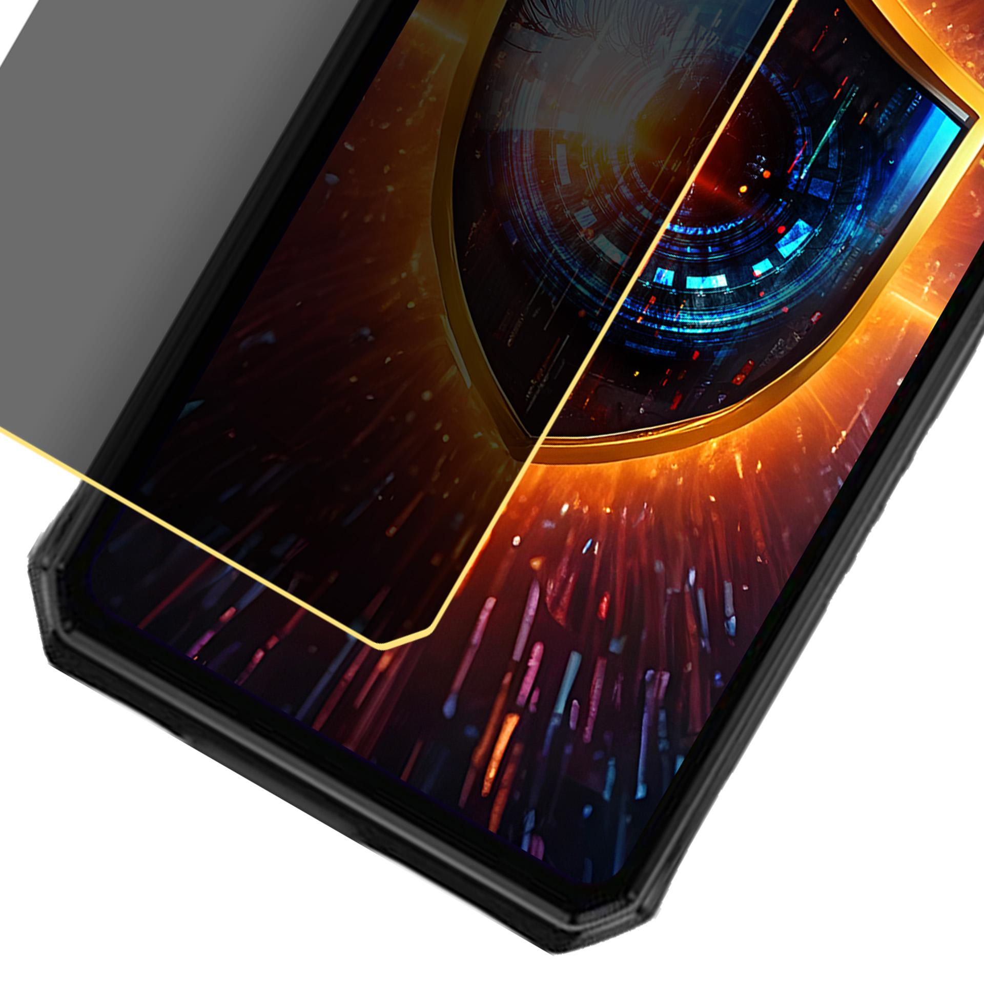 Zbliżenie telefonu z osłoną ekranu. Ekran wyświetla złożony abstrakcyjny wzór ze złotą ramką.