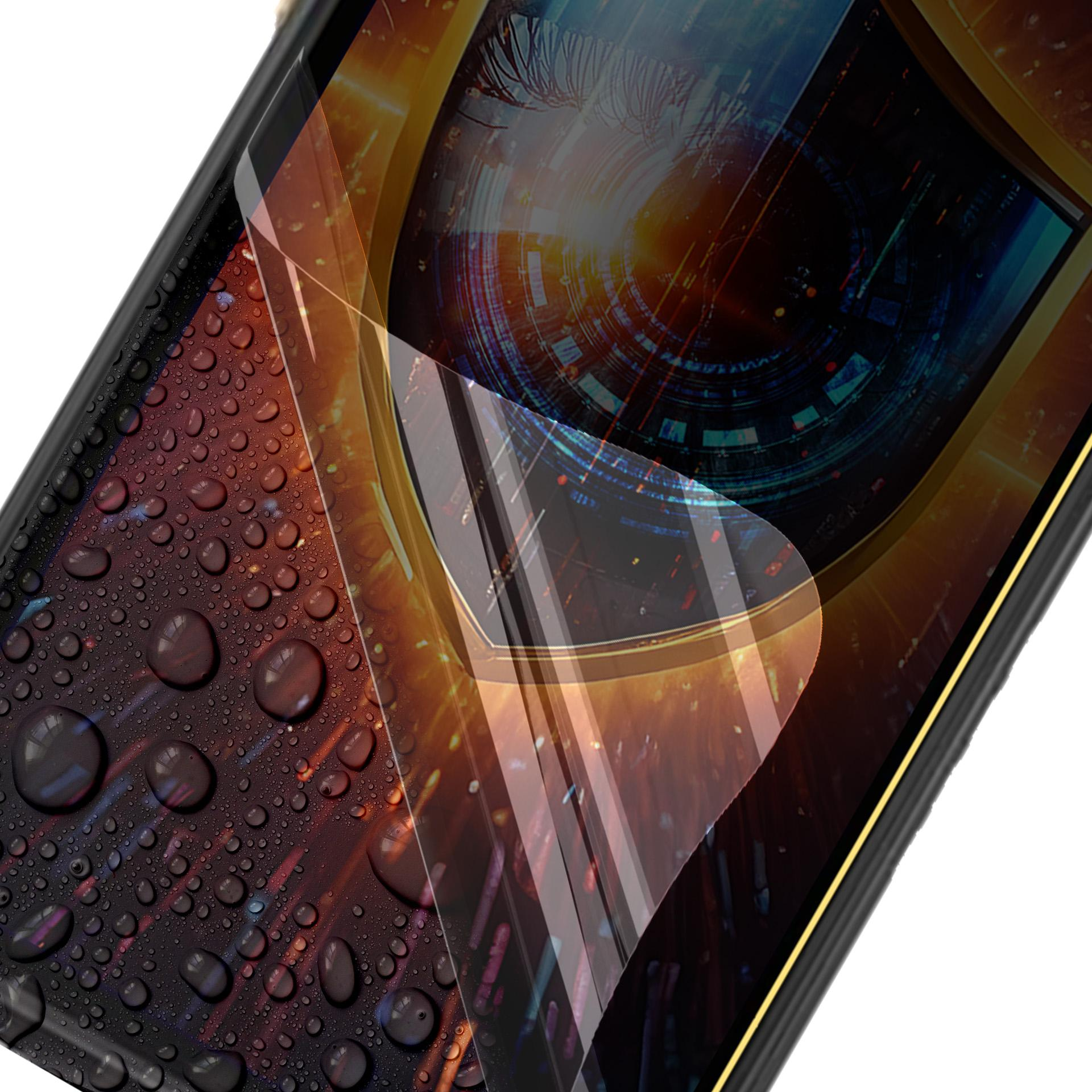 Telefon z ochraniaczem ekranu. Ekran pokazuje oko i abstrakcyjne kształty. Krople wody z boku.