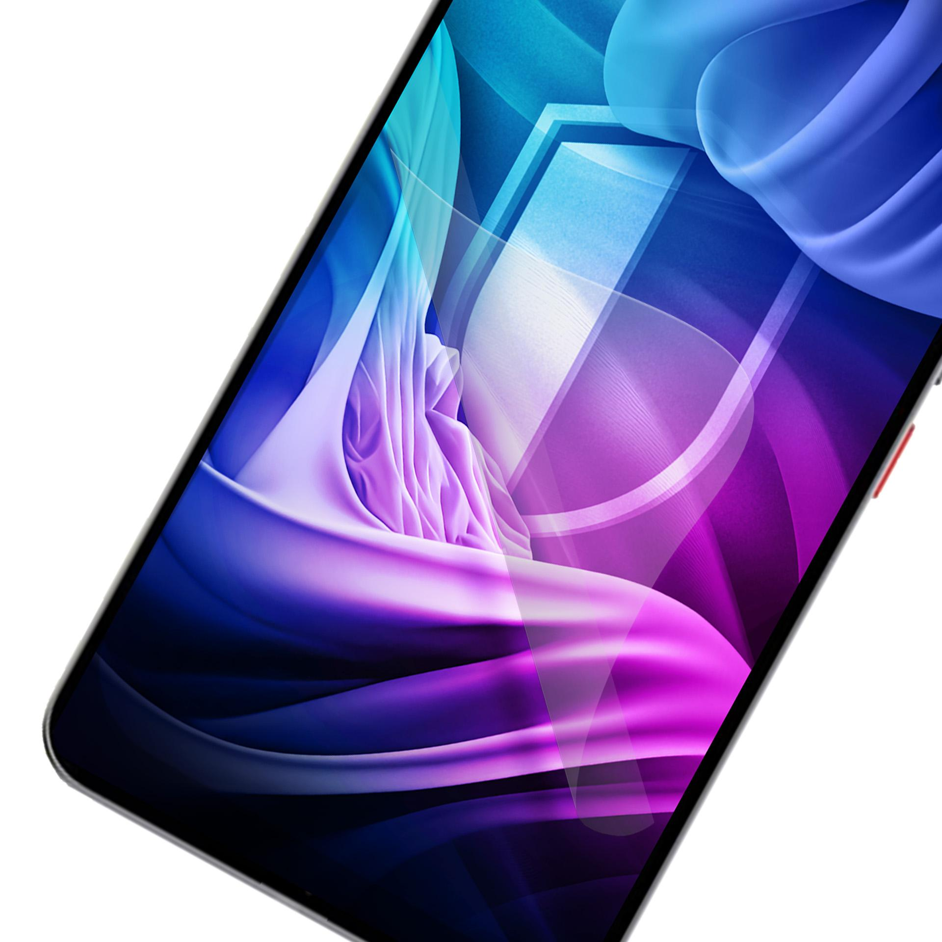 Schermo dello smartphone con design astratto viola, blu e bianco. Telefono angolato. Pulsante rosso laterale.
