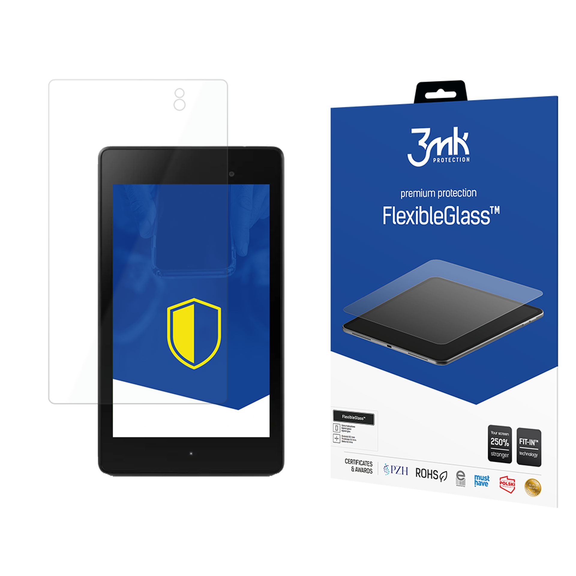Un tablet con protezione schermo e scatola del prodotto. La scatola mostra il marchio 'FlexibleGlass' e '3mk'.