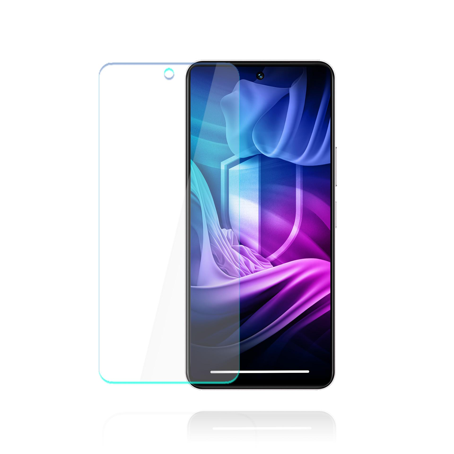Uno smartphone con protezione schermo. Il telefono mostra un'immagine astratta colorata. La protezione è trasparente.