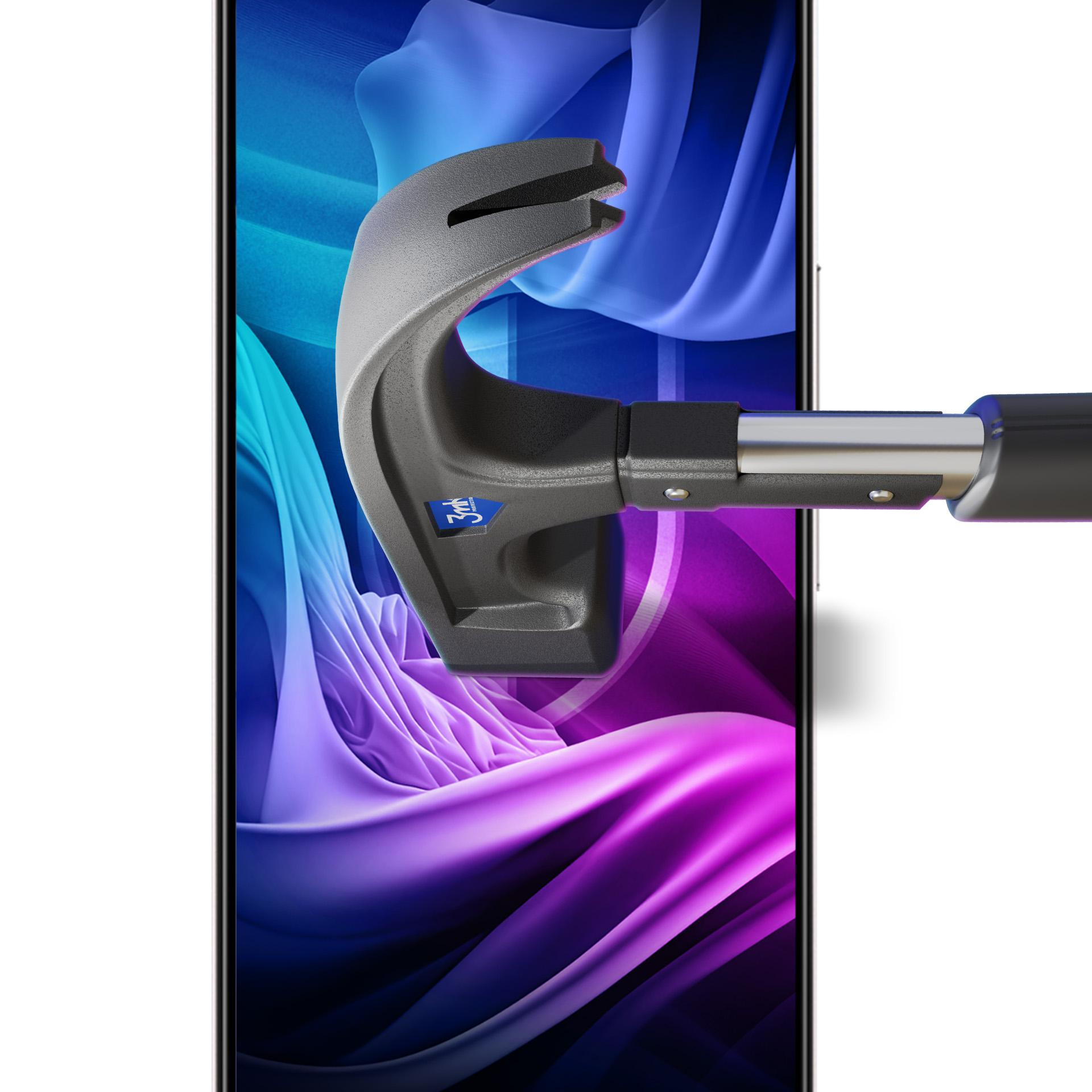 Un telefono in fase di test con uno strumento. Lo schermo ha onde blu e viola. Lo strumento è grigio e nero.