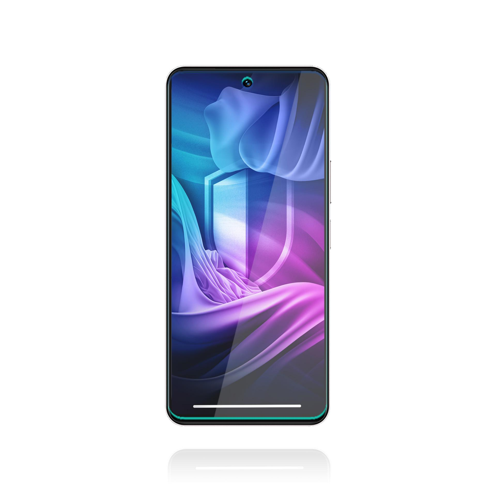 Uno smartphone con uno schermo che mostra una grafica a scudo. Lo schermo mostra un design astratto blu e viola su sfondo bianco.