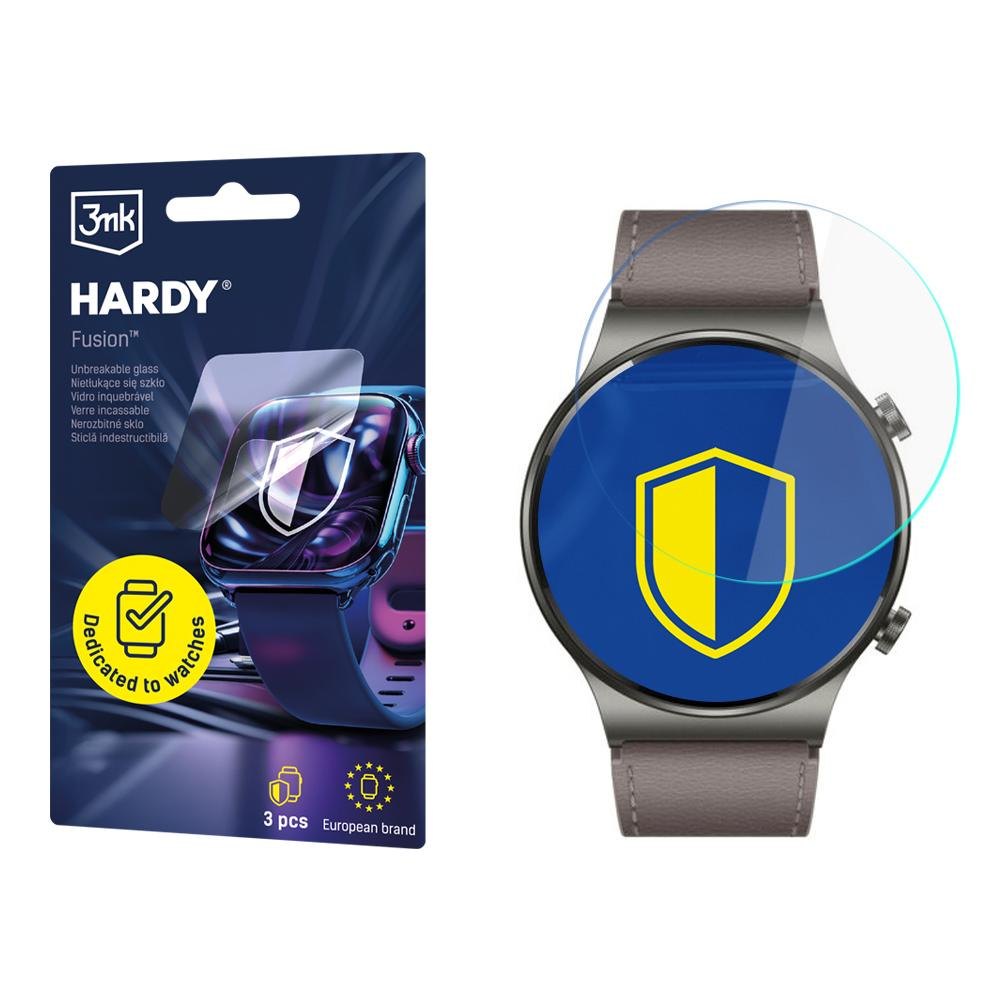 Smartwatch z ochraniaczem ekranu i opakowaniem z tekstami takimi jak 'HARDY' i 'Unbreakable glass' oraz logo '3mk'.