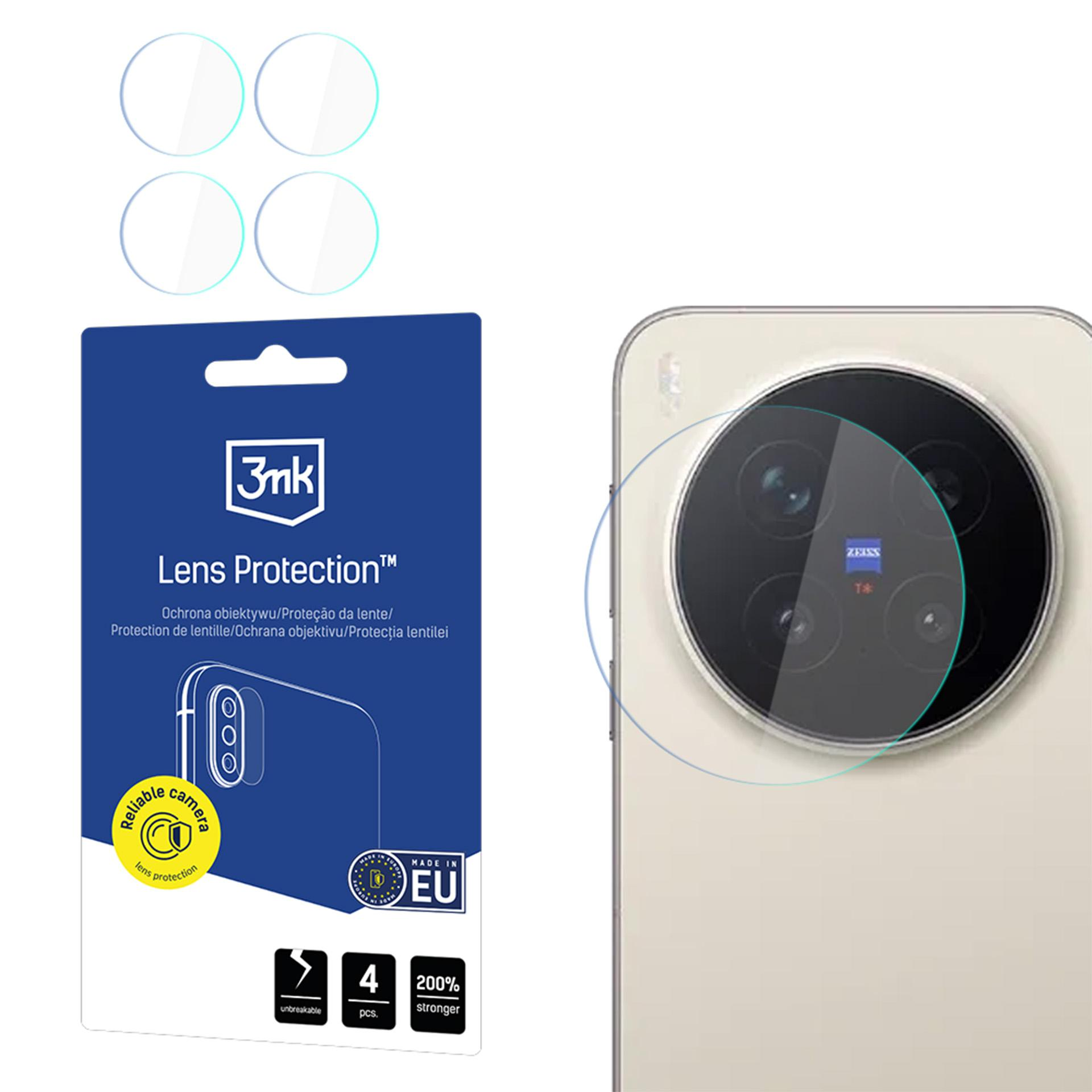 L'immagine mostra protezioni per lenti della fotocamera, un telefono e una confezione del prodotto. La confezione dice 'Lens Protection' e '3mk'.