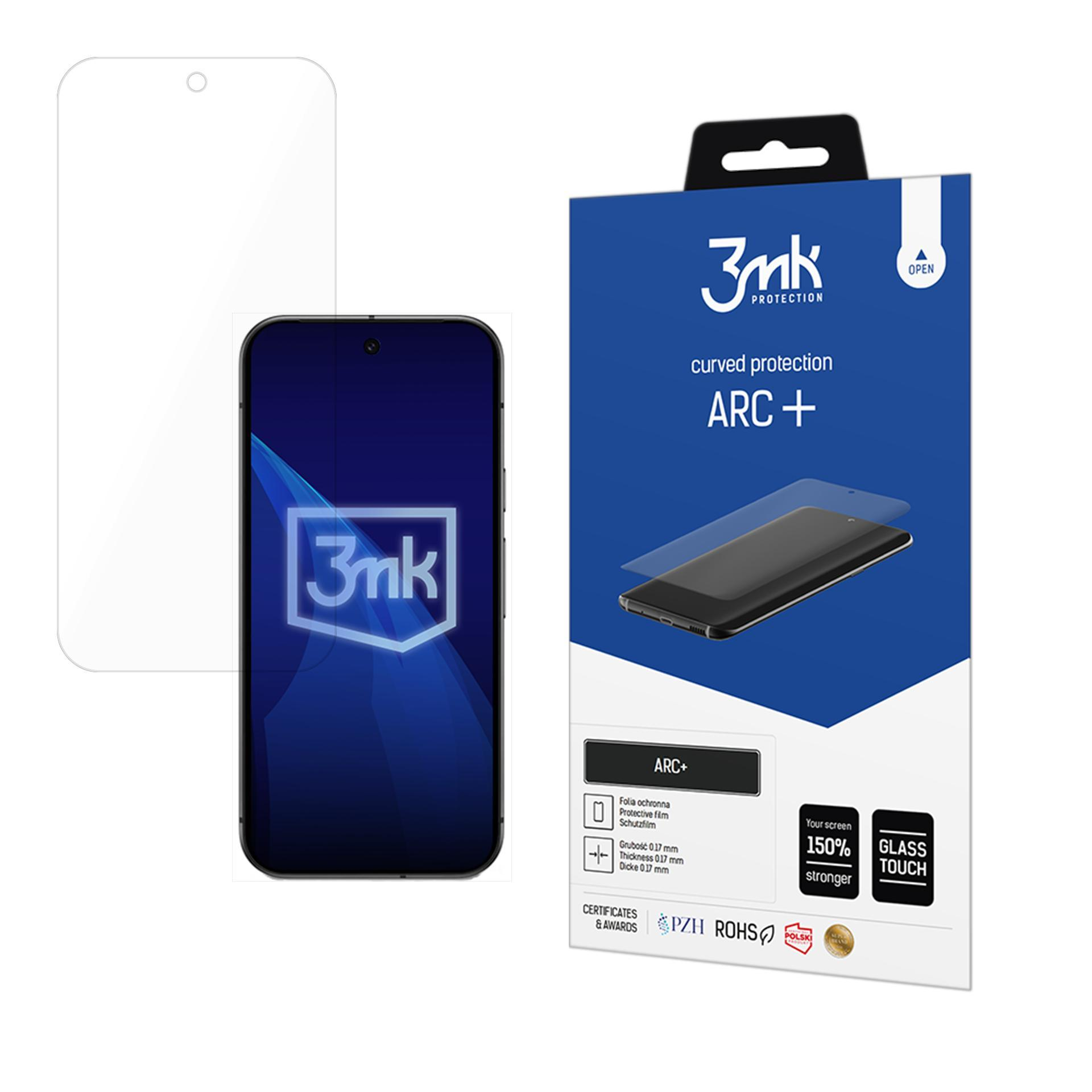 Una protezione per schermo del telefono con il logo 3mk. La confezione mostra il prodotto e le sue caratteristiche, colori blu e bianco.