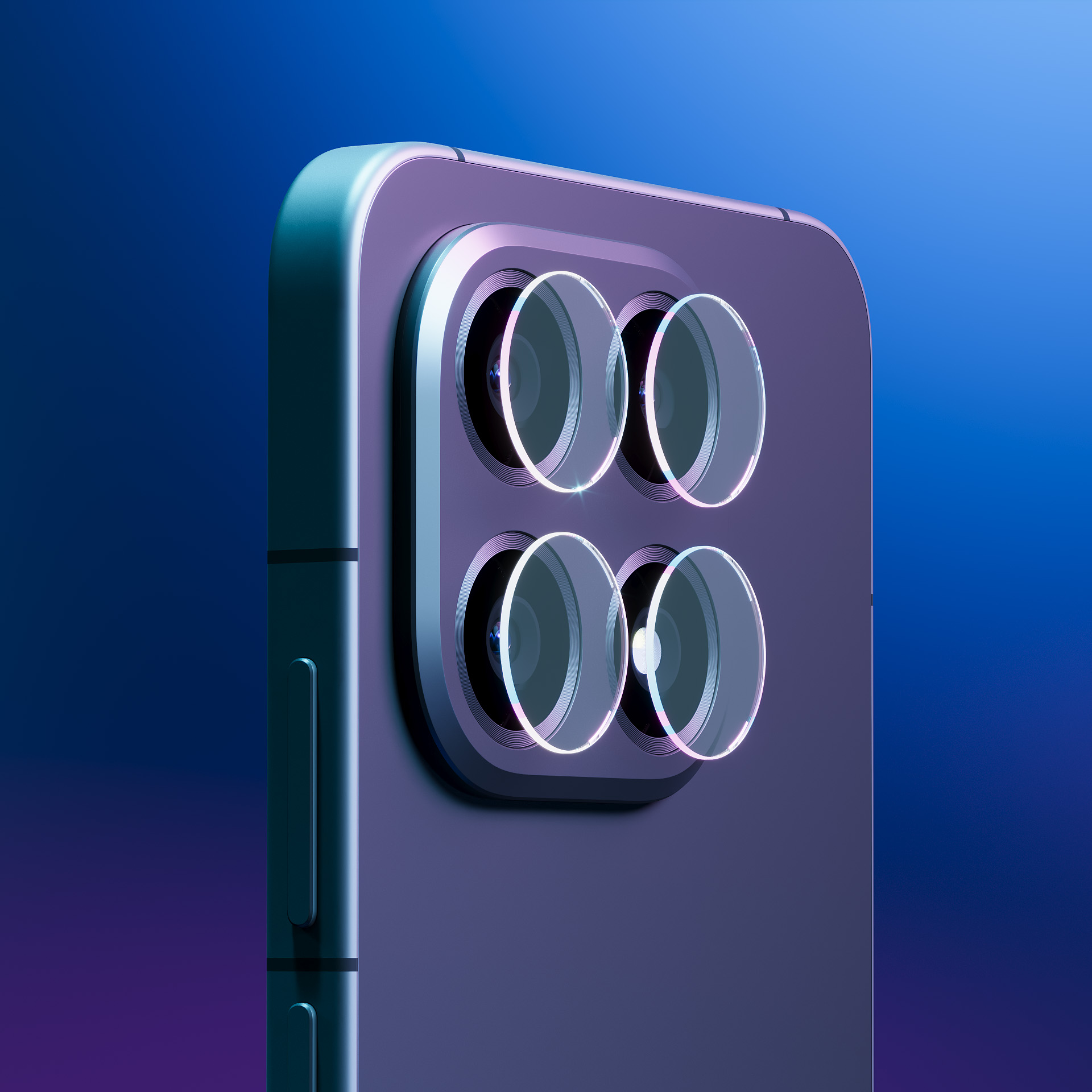 Primo piano della parte posteriore di uno smartphone con quattro lenti. Lo sfondo è una sfumatura blu e viola.