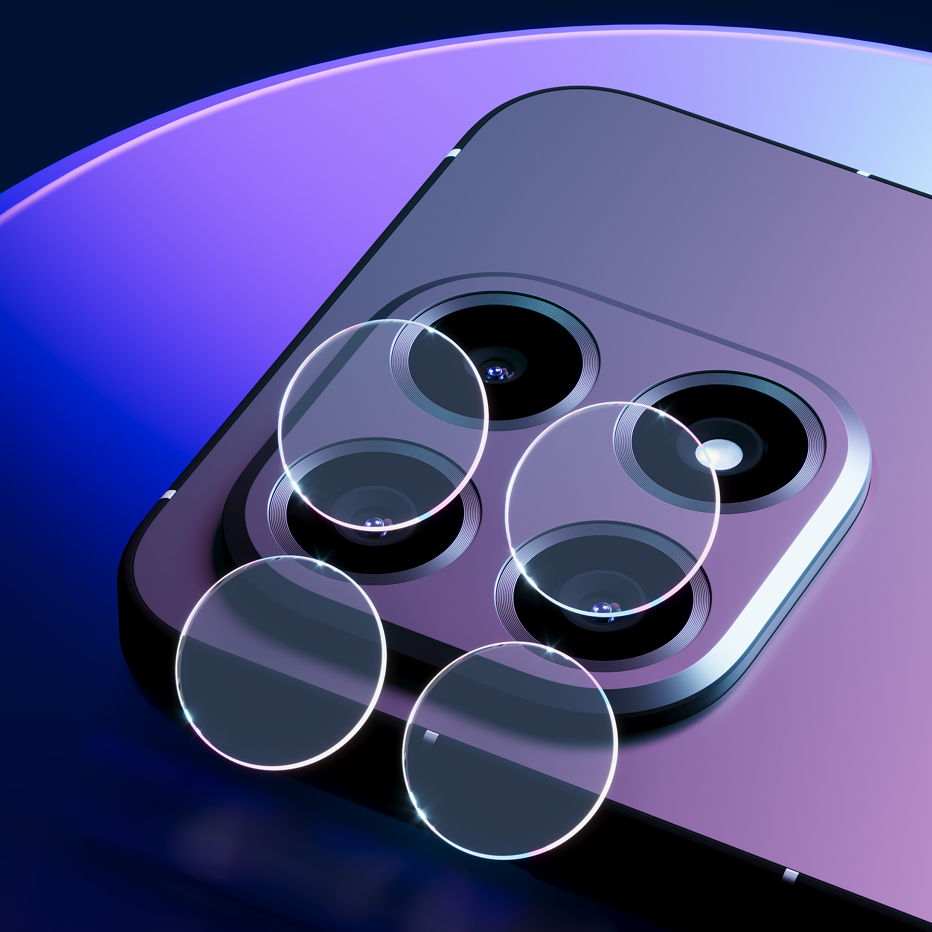 Primo piano di un telefono con quattro lenti e protezioni. Il telefono è viola con uno sfondo sfumato blu e viola.