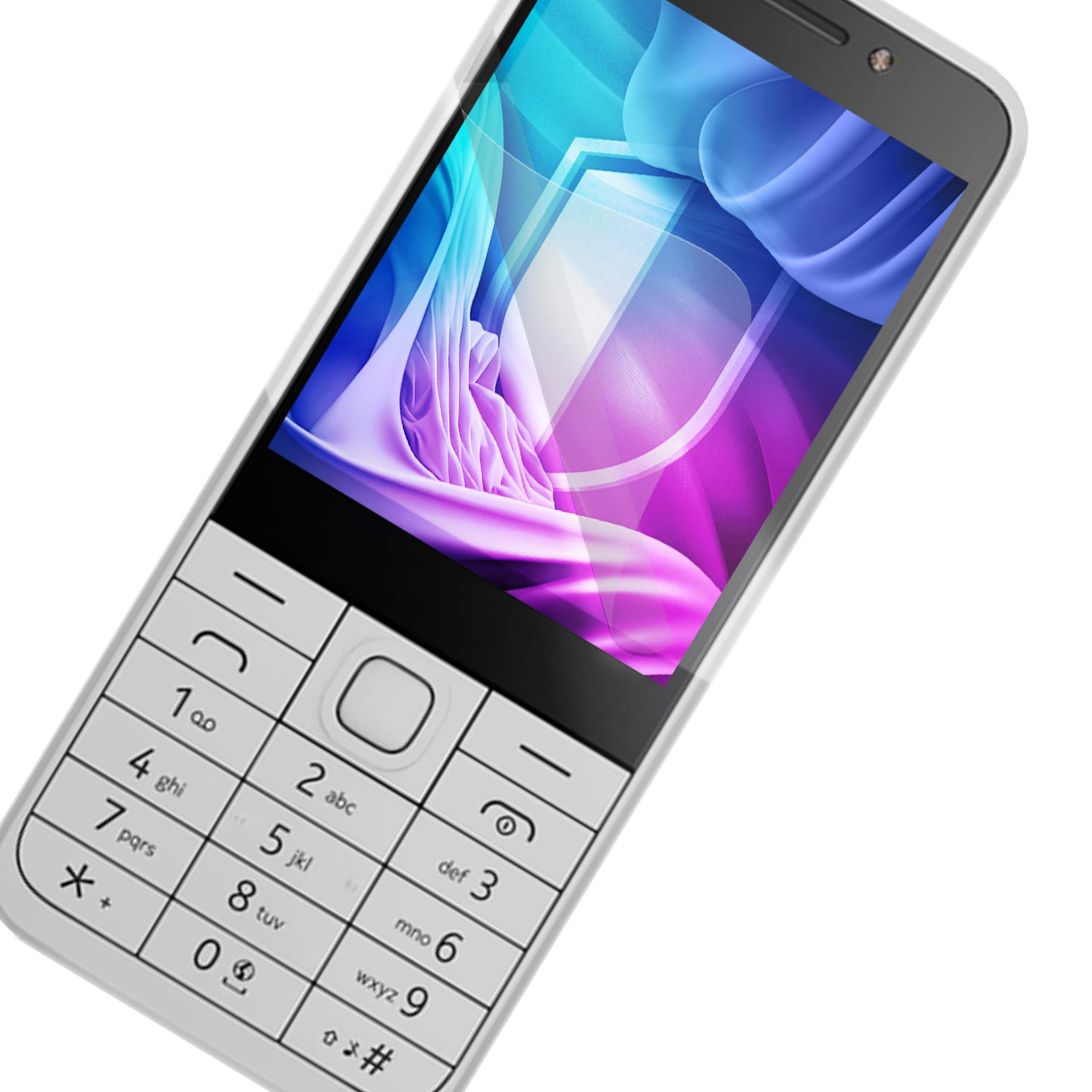 Un telefono cellulare bianco con tastiera, lo schermo mostra un'immagine astratta colorata.