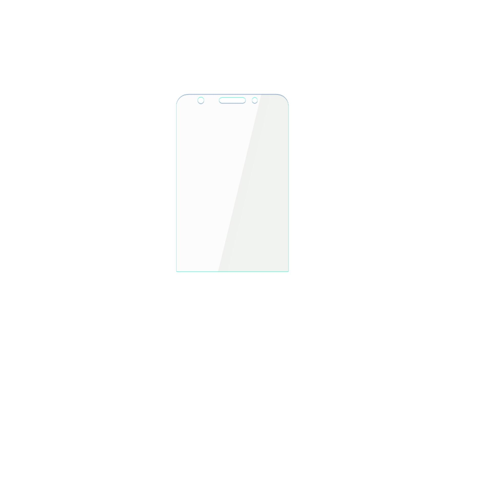 Una protezione per lo schermo di un telefono, trasparente con angoli arrotondati. Ha aperture per altoparlante e sensori. Sfondo bianco.