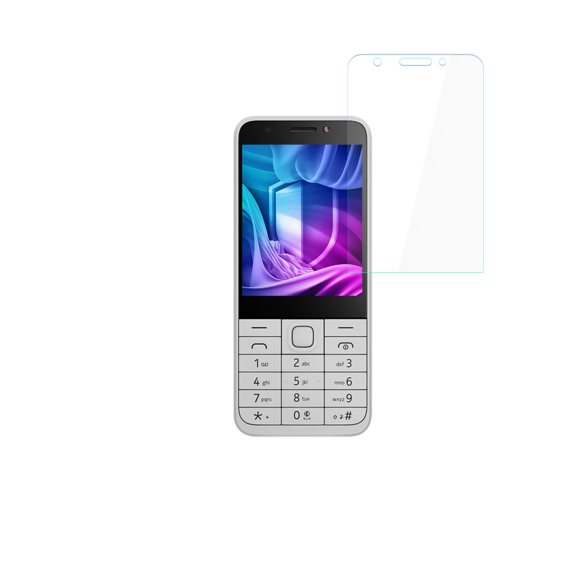 Un telefono cellulare bianco e nero con protezione schermo. Lo schermo mostra un design blu e viola.