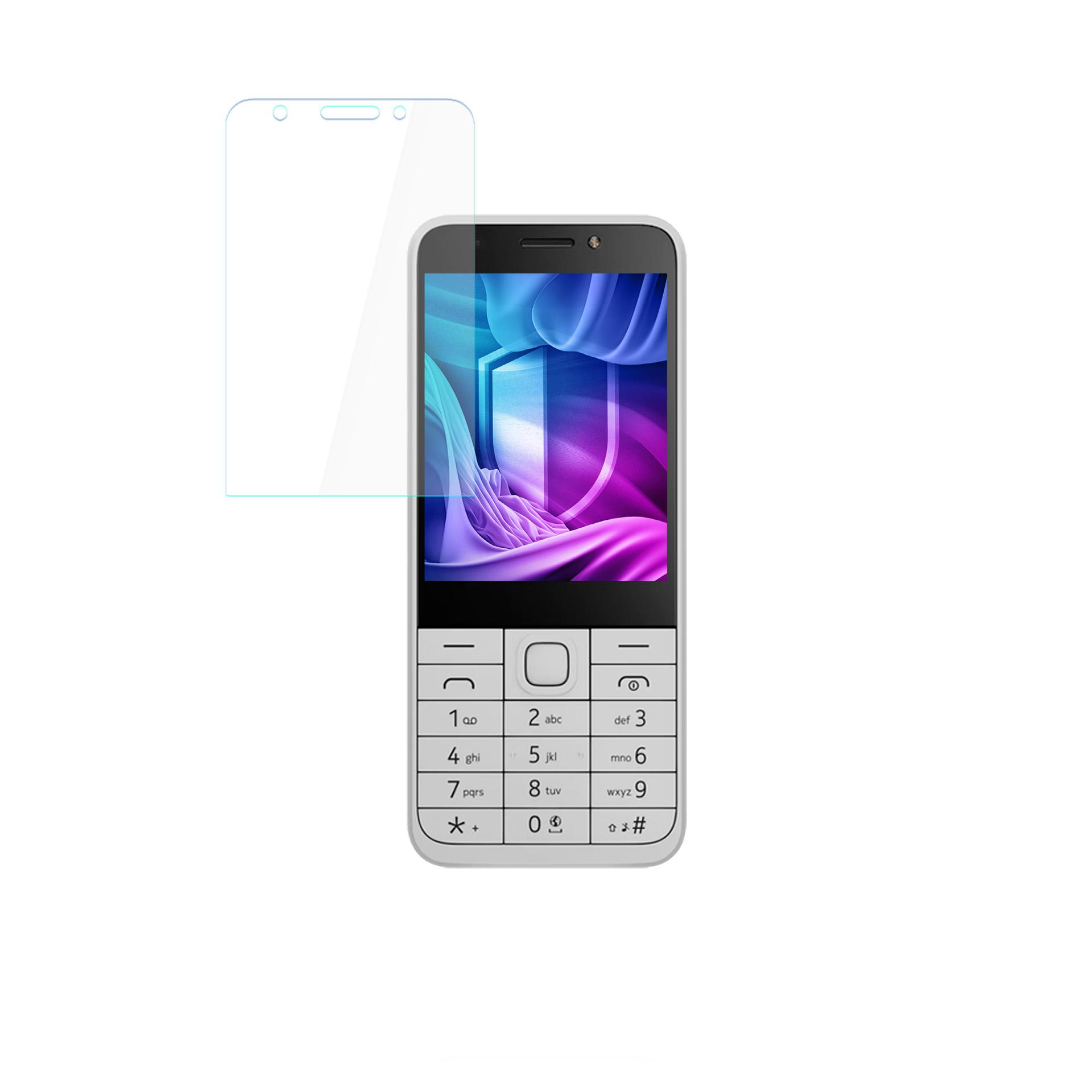 Un telefono bianco con protezione schermo, che mostra un'immagine colorata. Il telefono ha un tastierino numerico.