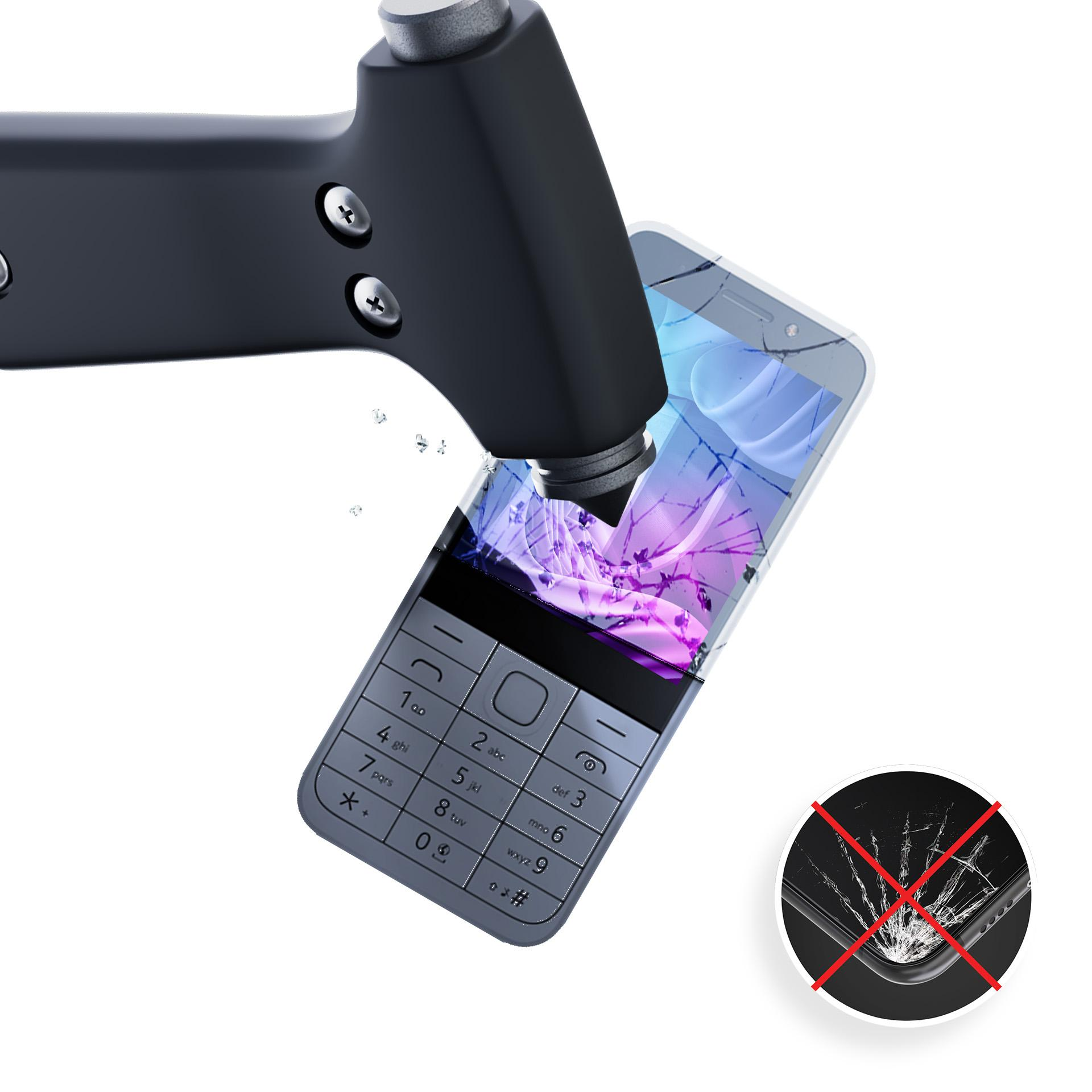 Un martello sta per rompere un telefono. Lo schermo del telefono è incrinato. Un simbolo di divieto sopra un telefono rotto.