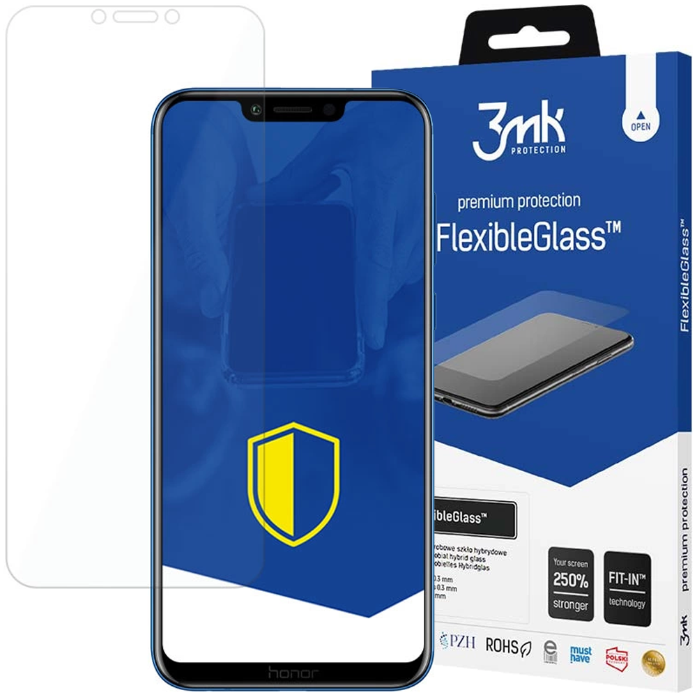 Un proteggi schermo, un telefono e la sua scatola sono mostrati. La scatola dice FlexibleGlass. Il telefono è blu e nero.