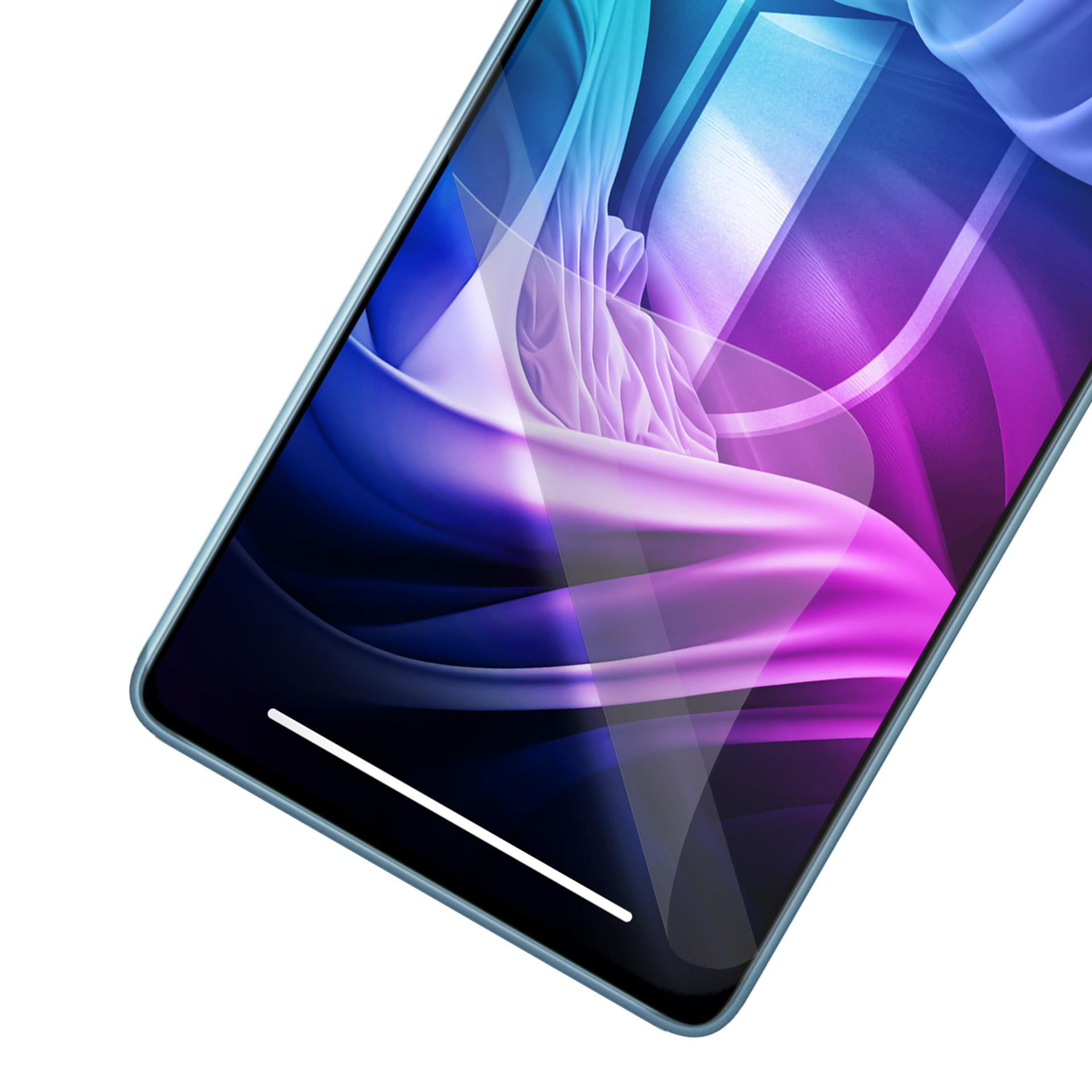 Uno smartphone con uno sfondo sfumato blu, viola e bianco. Il bordo del telefono è azzurro.