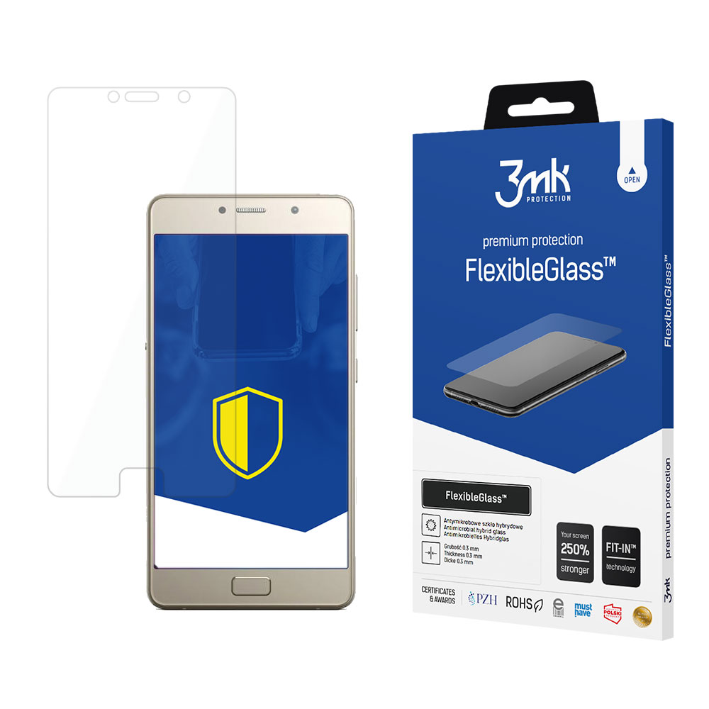 Un telefono con protezione schermo, scatola FlexibleGlass e una pellicola protettiva, tutto su sfondo bianco.