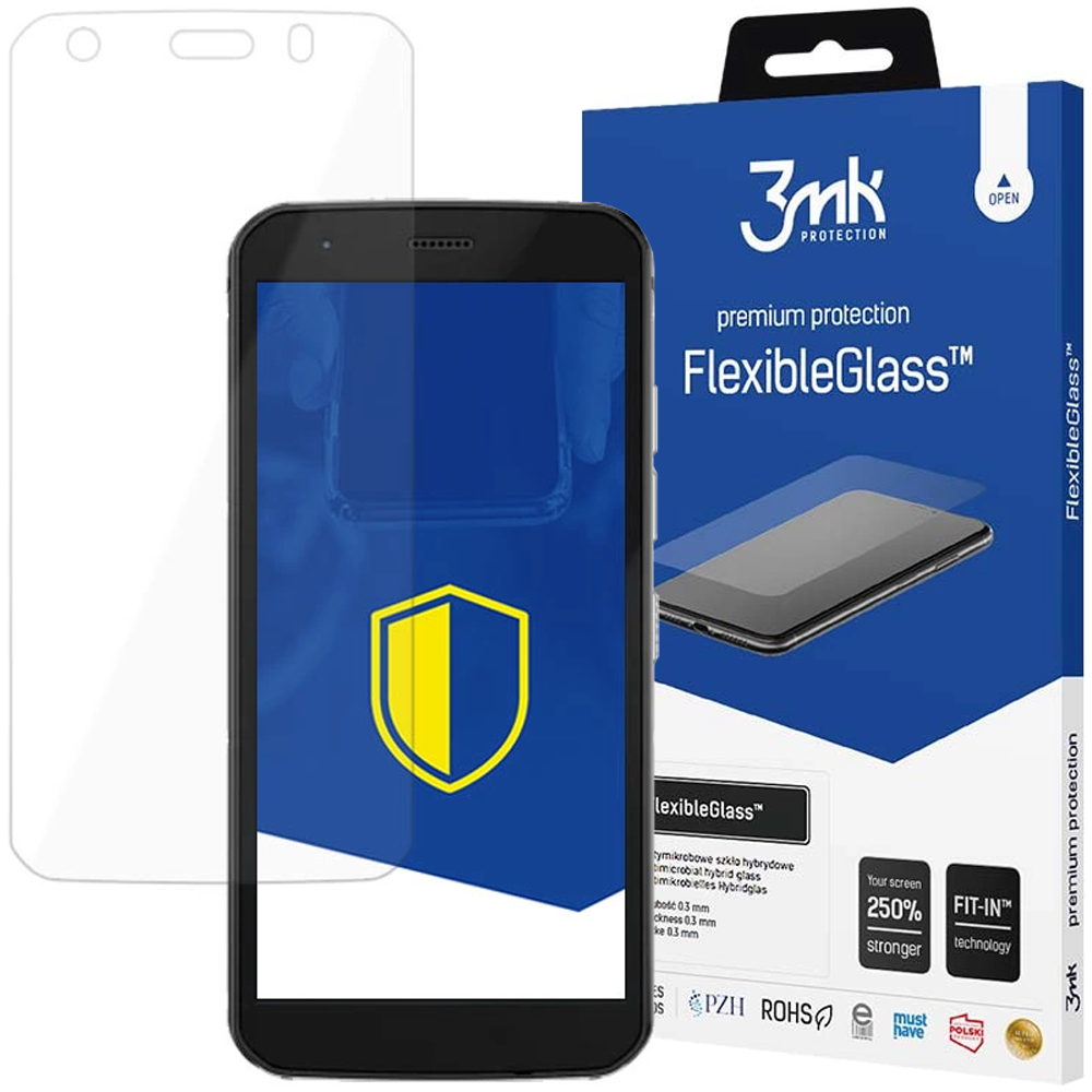 Uno smartphone con protezione schermo, una scatola di FlexibleGlass e un foglio protettivo, tutto su sfondo bianco.