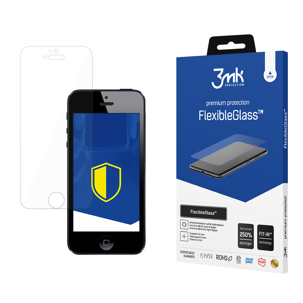 Un telefono con protezione schermo, una protezione di ricambio e una scatola blu con testo FlexibleGlass su sfondo bianco.