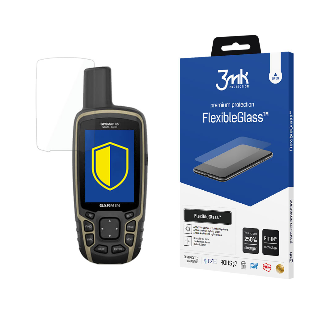 Un dispositivo GPS Garmin accanto a una scatola di protezione dello schermo. Il dispositivo ha uno scudo giallo e blu sullo schermo.