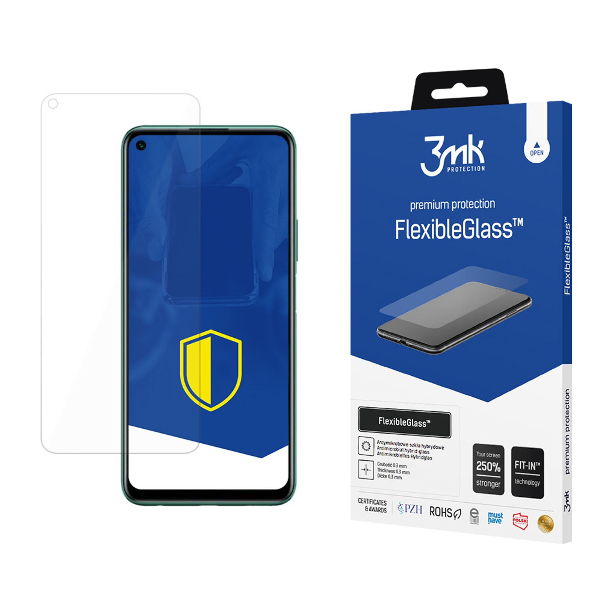 Un telefono con una protezione per lo schermo accanto alla scatola FlexibleGlass. La protezione è sul telefono. La scatola è blu e bianca.