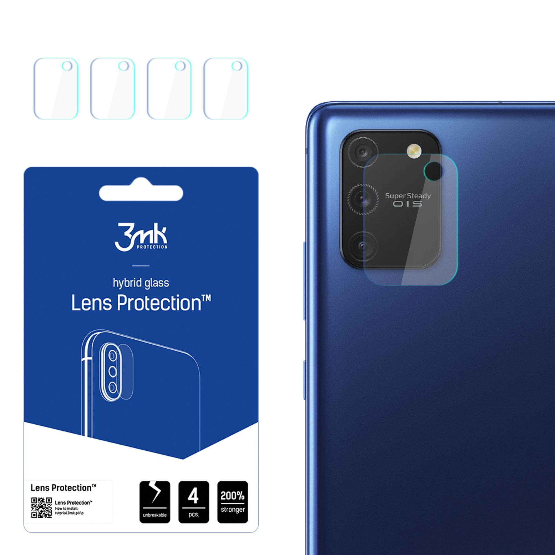 Un telefono con un proteggi obiettivo applicato, accanto a una confezione 3mk Lens Protection. Sono visibili quattro protezioni.