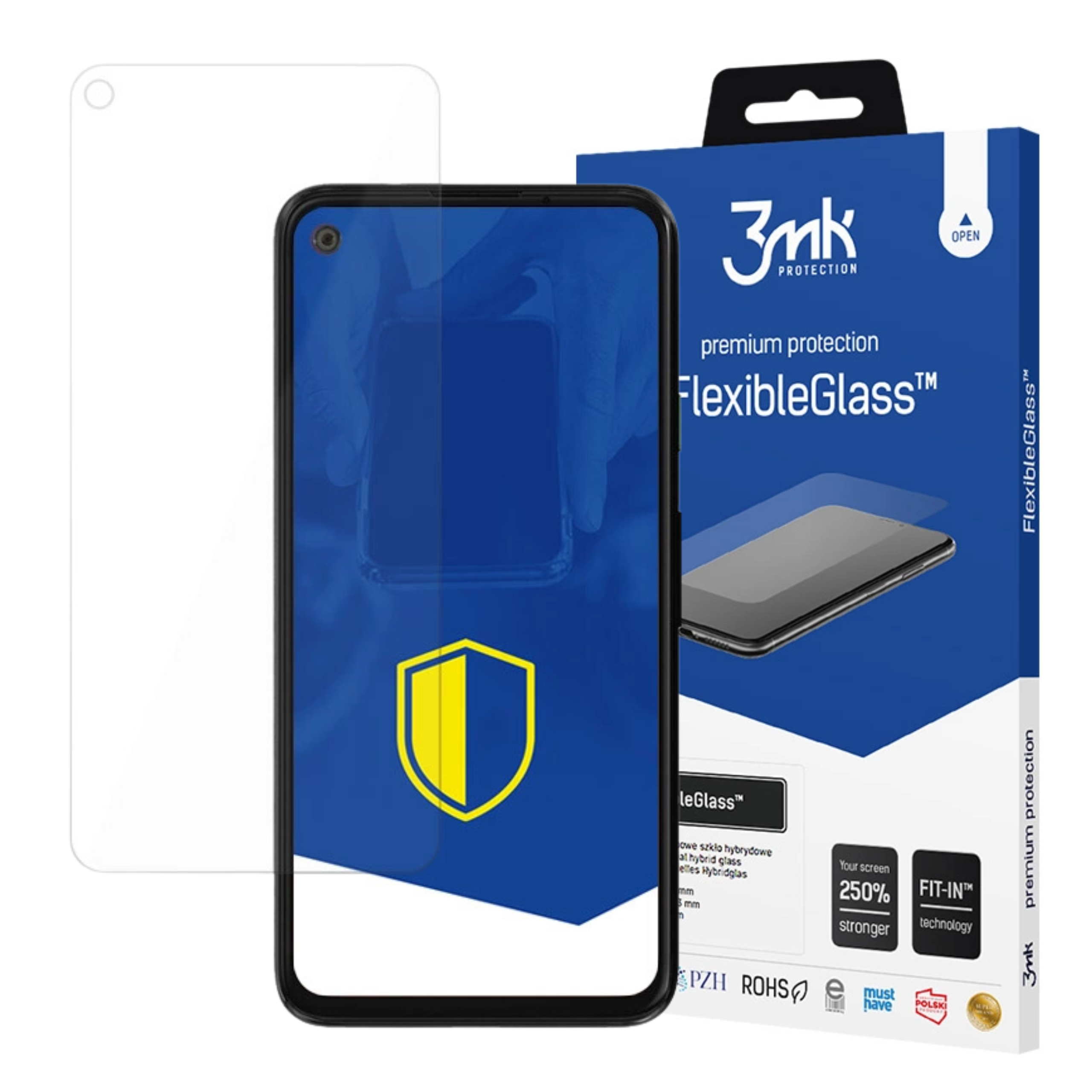 Ochraniacz ekranu telefonu, smartfon i niebieskie pudełko z tekstem i logo na białym tle.