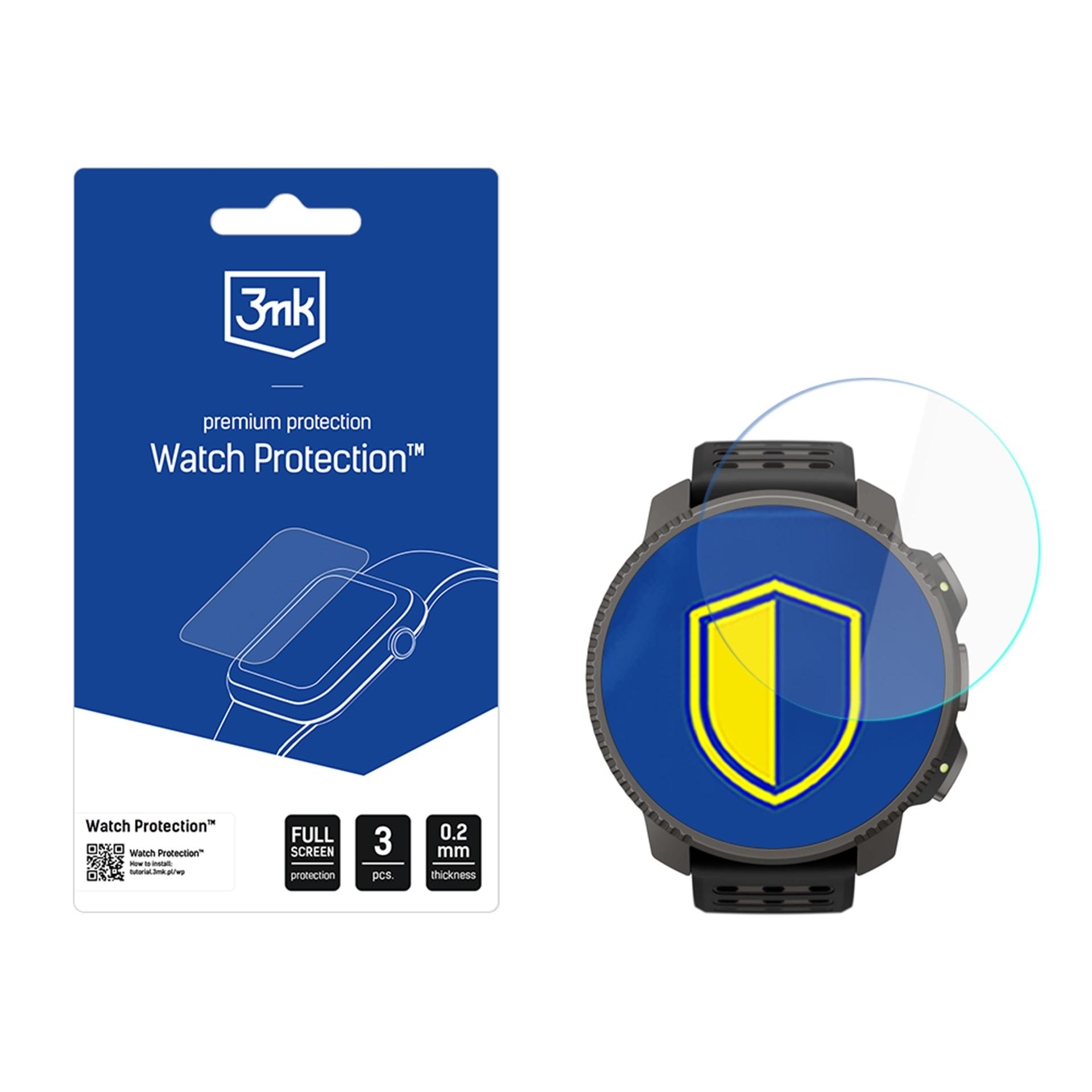 Opakowanie folii ochronnej na ekran zegarka i smartwatch. Opakowanie jest niebiesko-białe, z logo marki. Na zegarku tarcza.