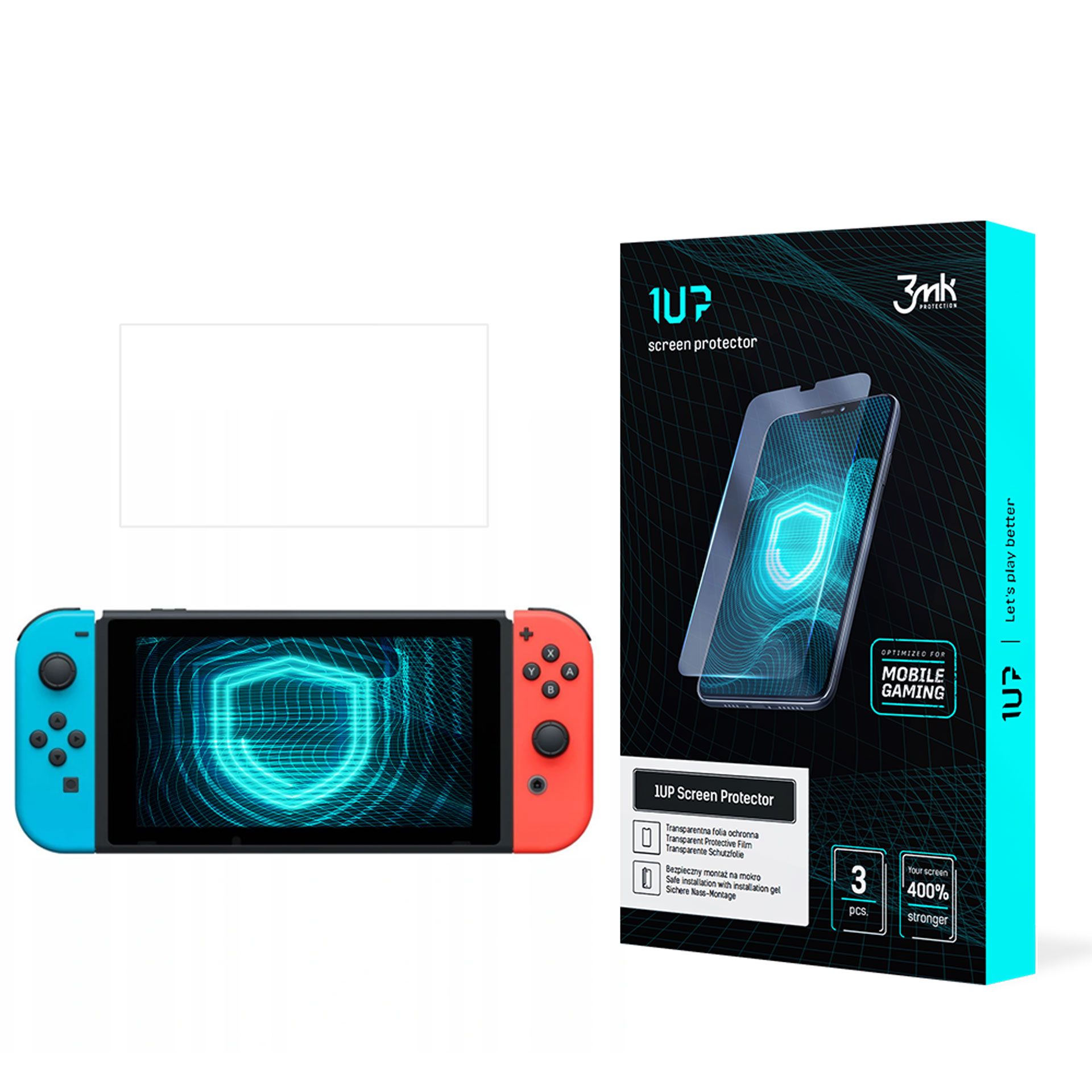 L'immagine mostra un Nintendo Switch, una scatola di protezione dello schermo e una protezione dello schermo. La scatola dice 1UP protezione schermo.