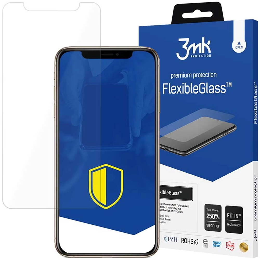 Un telefono con protezione schermo, scatola di FlexibleGlass, marchio 3mk, con colori giallo e blu.