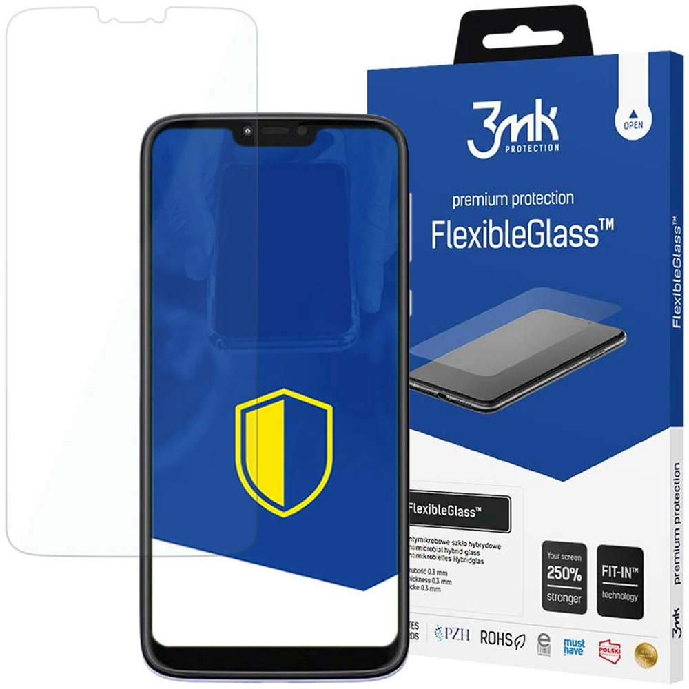 Un telefono con protezione schermo, una scatola con testo FlexibleGlass e una protezione schermo. Il telefono mostra uno scudo giallo.