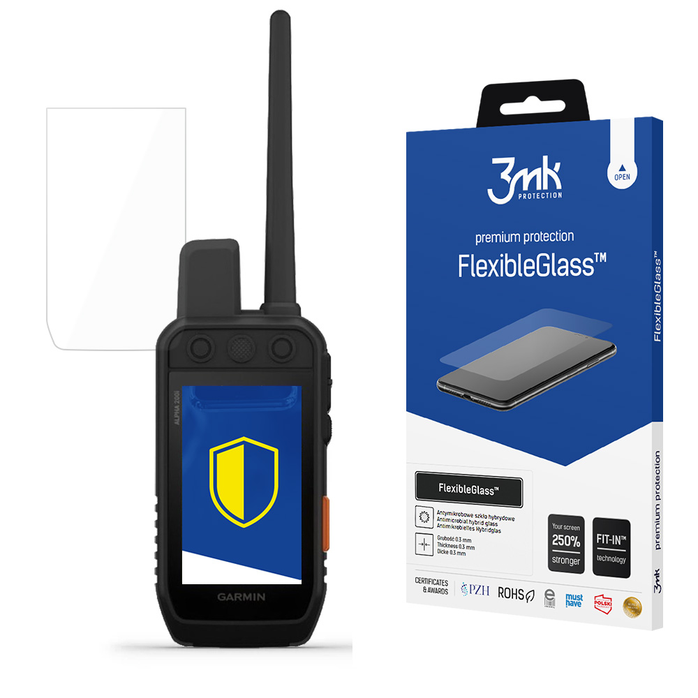 Urządzenie Garmin z ochraniaczem ekranu i pudełkiem 3mk FlexibleGlass. Urządzenie ma żółtą i niebieską tarczę na ekranie.