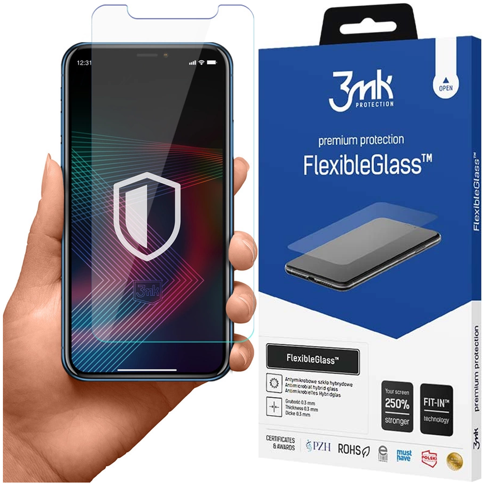 Una mano tiene un telefono con protezione schermo. Una scatola mostra un telefono e il testo: FlexibleGlass.