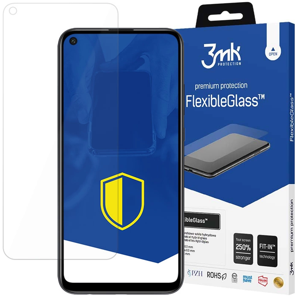 Ochraniacz ekranu telefonu, telefon i pudełko z napisem 'FlexibleGlass'. Telefon wyświetla niebieski obraz.