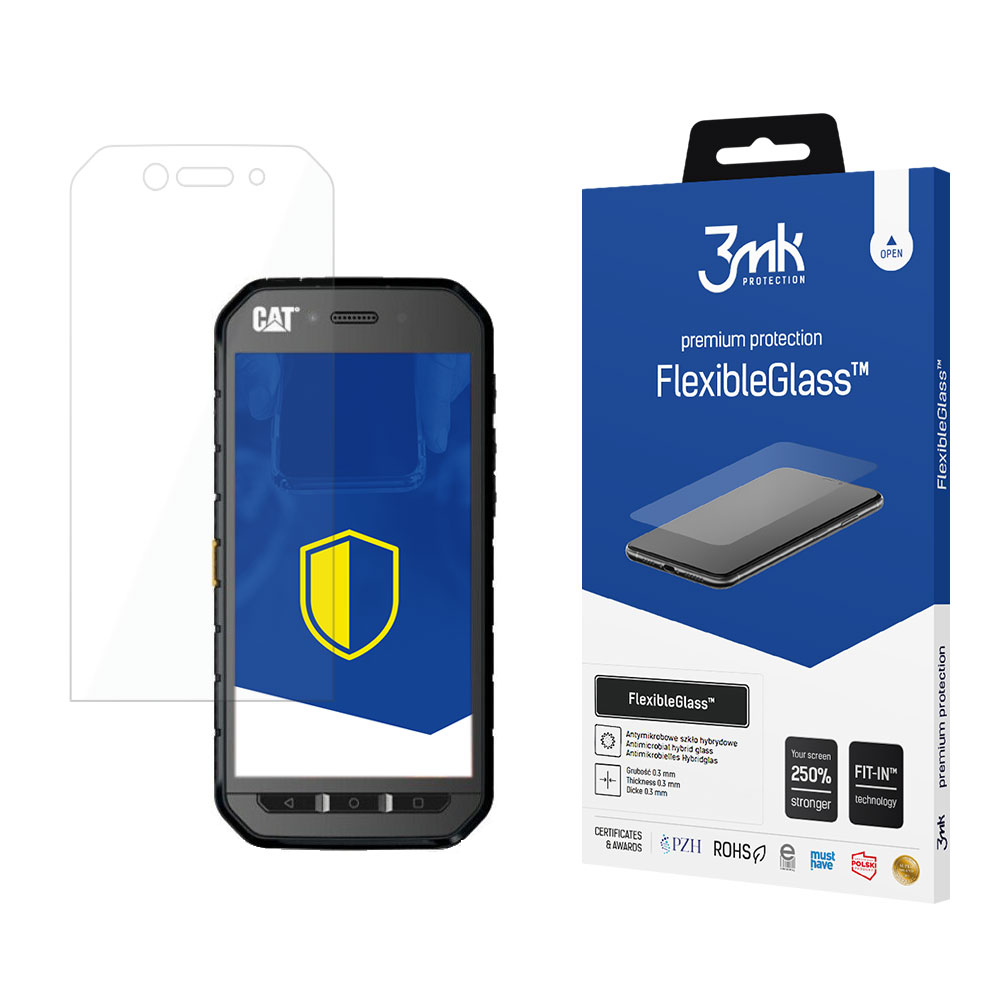 Un telefono e una protezione per lo schermo sono visualizzati. Il telefono ha un logo a scudo giallo sullo schermo. È visibile anche una scatola con 'FlexibleGlass'.