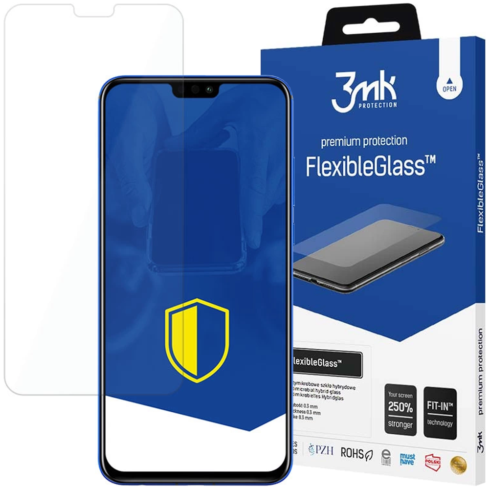Uno smartphone con protezione schermo, una scatola con la scritta 'FlexibleGlass' e una protezione trasparente.