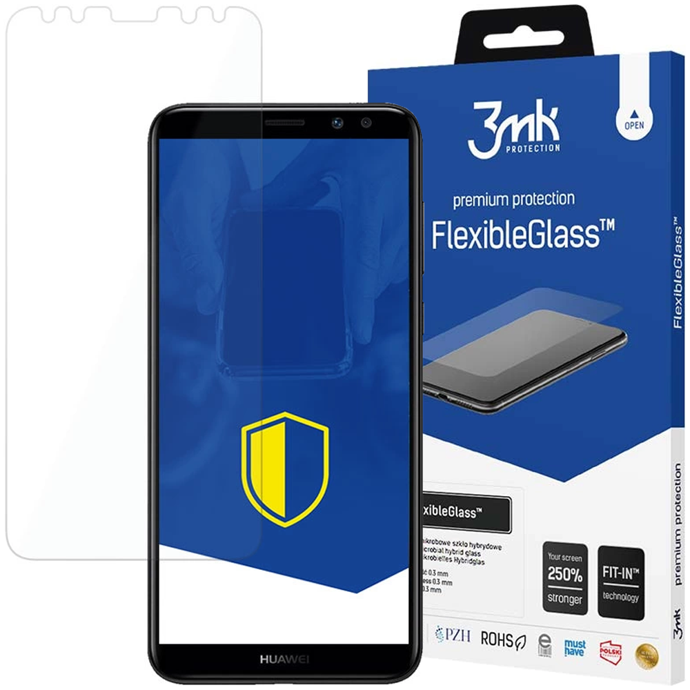 Uno smartphone con protezione schermo, una scatola di FlexibleGlass e una protezione schermo trasparente.