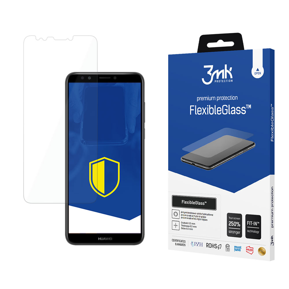 Un telefono e una protezione per lo schermo sono mostrati accanto a una scatola blu con la scritta 'FlexibleGlass'. Lo schermo del telefono mostra uno scudo giallo.