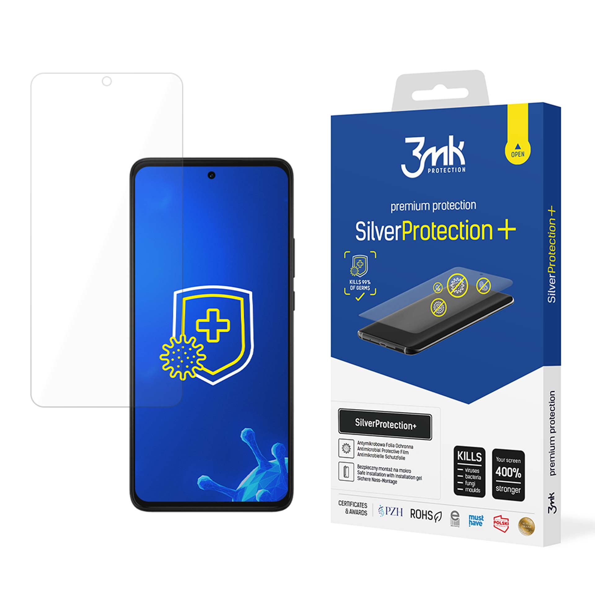 Un proteggi schermo per telefono con un telefono e una confezione del prodotto. La confezione pubblicizza Silver Protection+.
