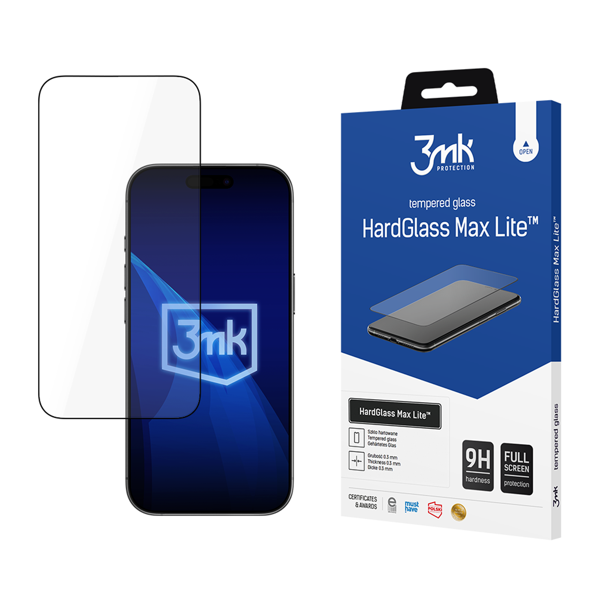 Un telefono e una protezione schermo sono accanto a una scatola. La scatola dice 'HardGlass Max Lite' e '3nk'.