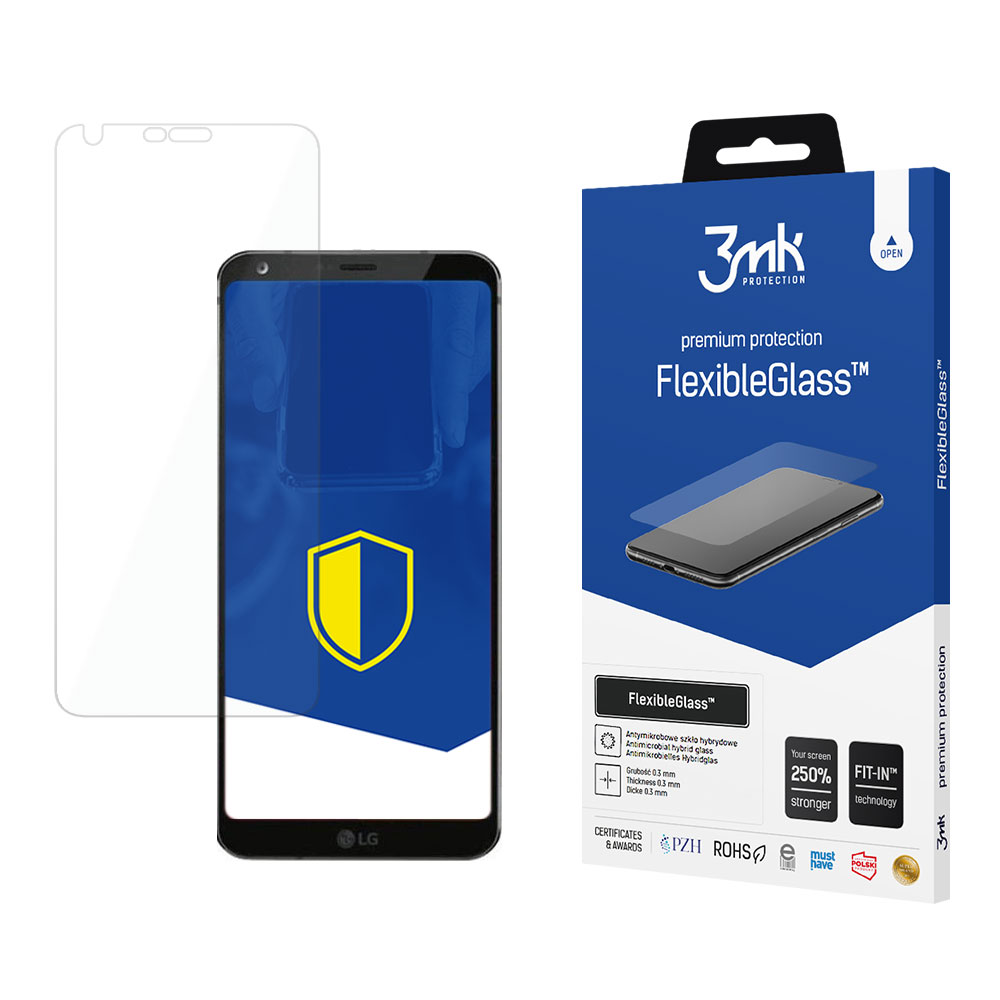 Un telefono con protezione schermo, una scatola con testo FlexibleGlass e una pellicola protettiva su una superficie bianca.