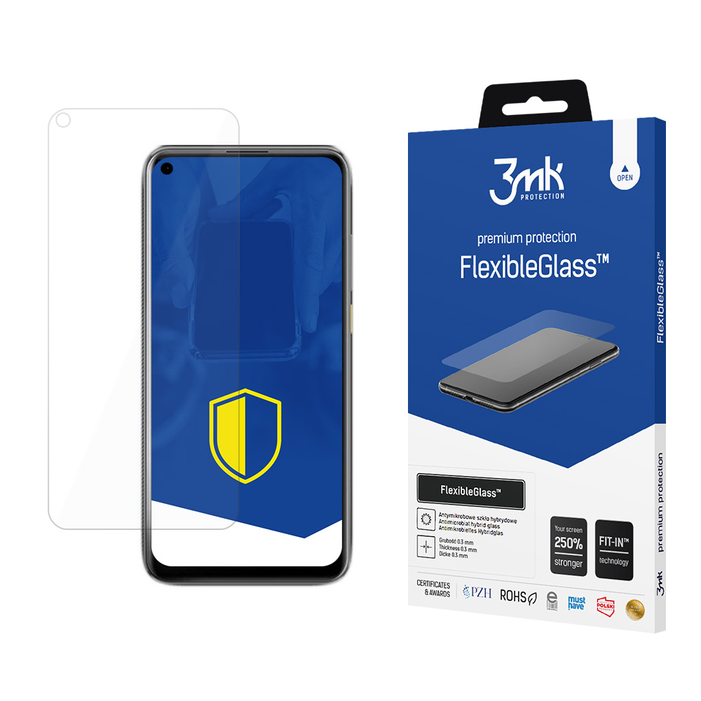Un proteggi schermo per telefono e una scatola con il nome FlexibleGlass. Il proteggi schermo è vicino a un telefono.
