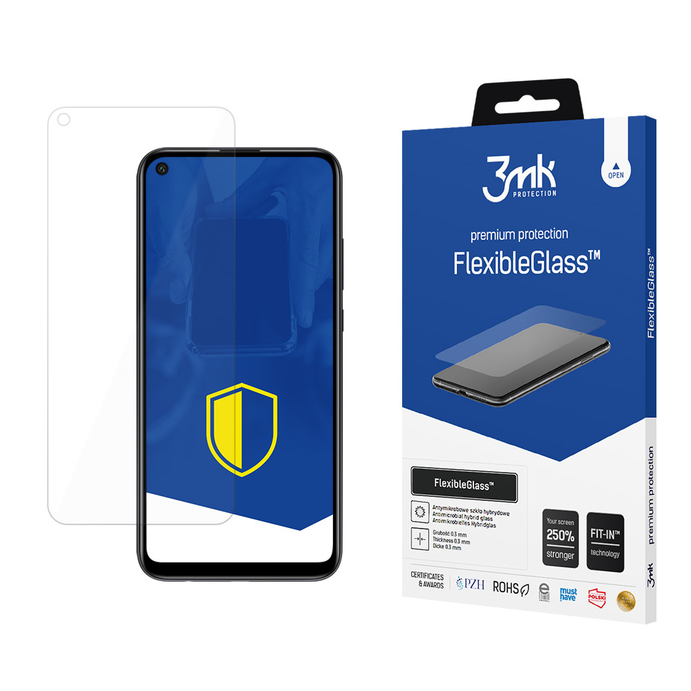 Un proteggi schermo e una scatola. La scatola dice FlexibleGlass. Il proteggi schermo è su un telefono.