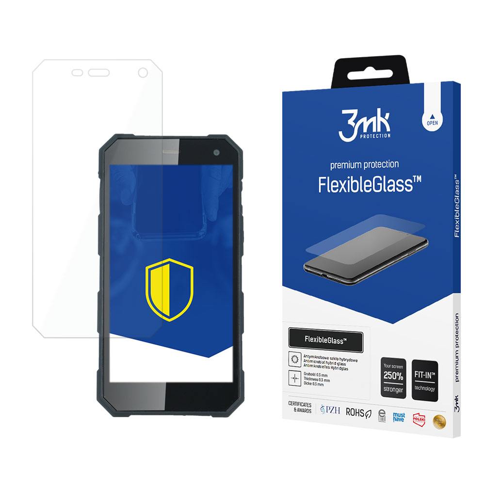 Un telefono e una protezione per lo schermo sono accanto a una scatola. La scatola pubblicizza FlexibleGlass, una protezione per lo schermo.