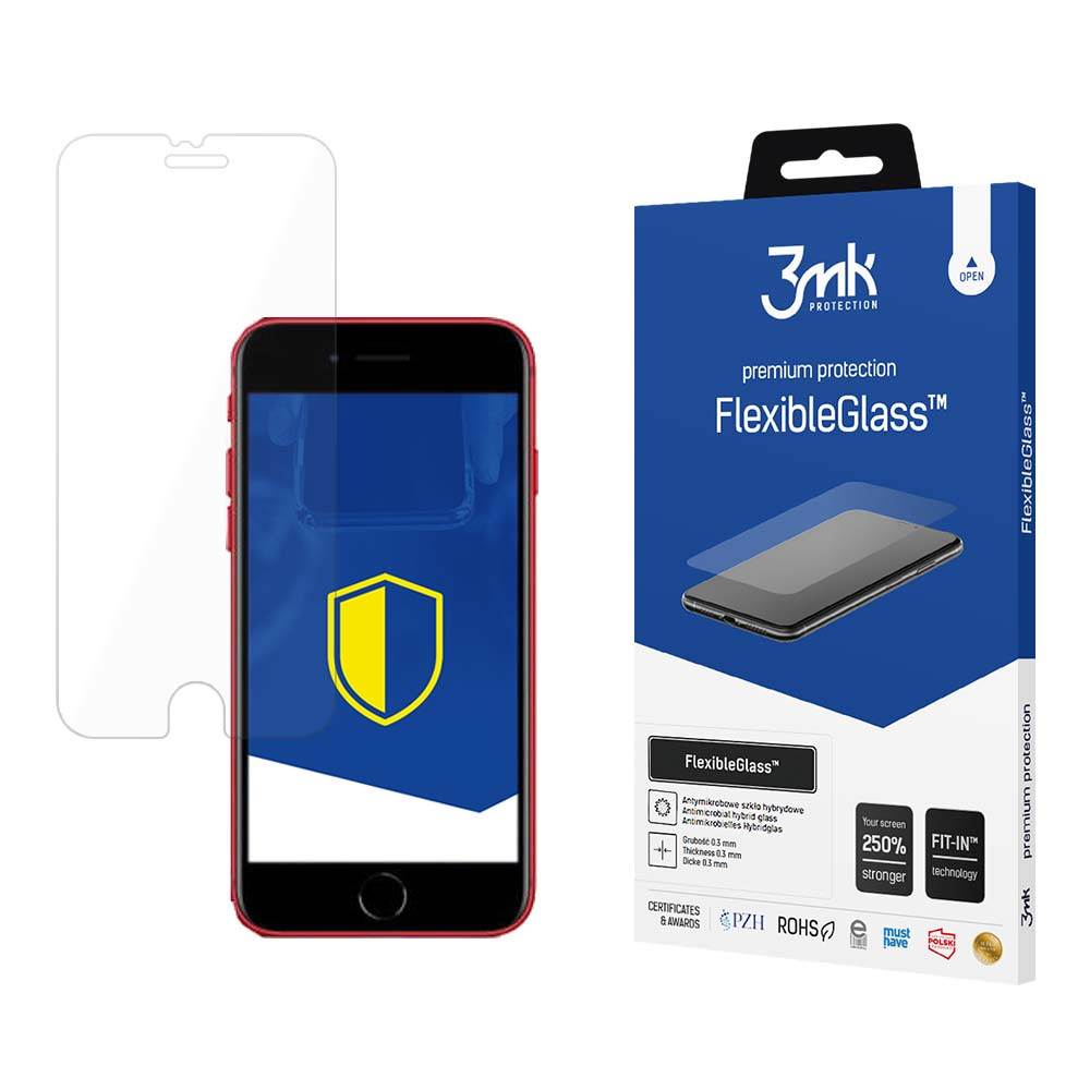 Obrazek przedstawia telefon z ochraniaczem ekranu i pudełko FlexibleGlass. Pudełko jest granatowe.